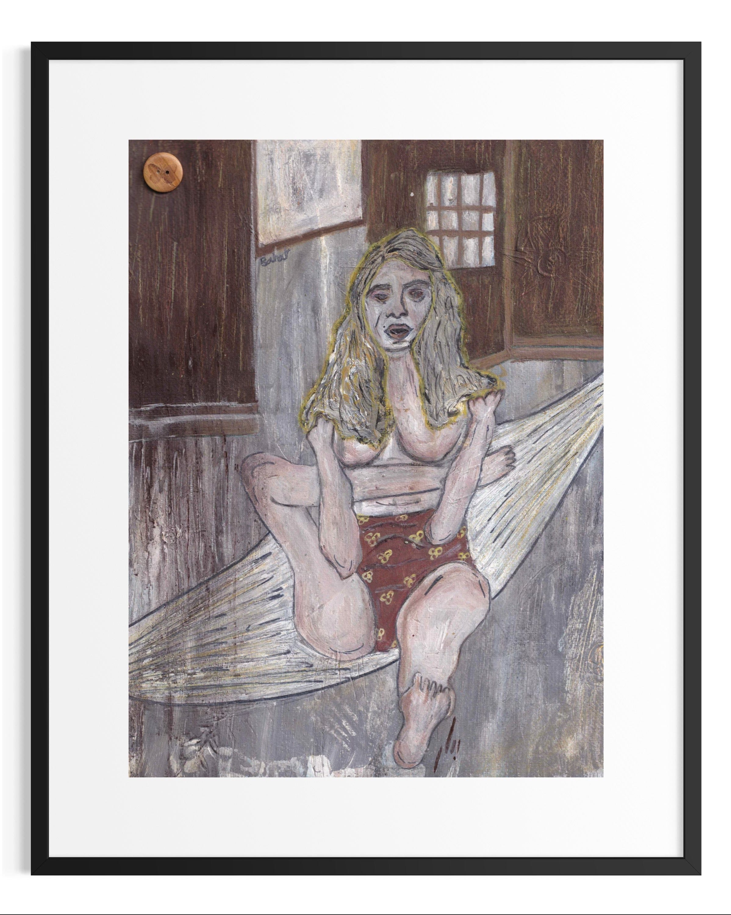 Artistic depiction of a woman in a rustic interior setting with a black frame.