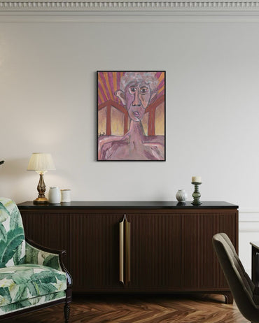 Living room with a painting on the wall, a sideboard, and a chair.