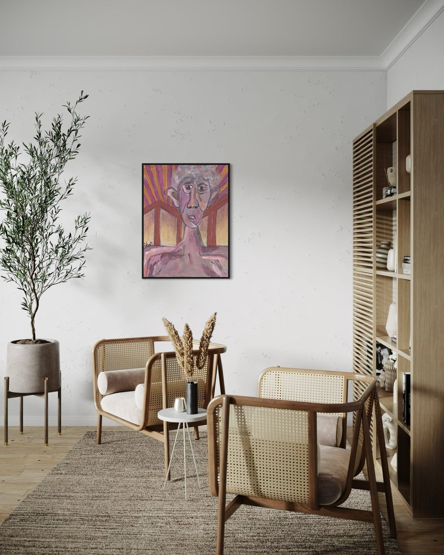 Modern living room with wicker chairs, a plant, and a colorful abstract painting on the wall.