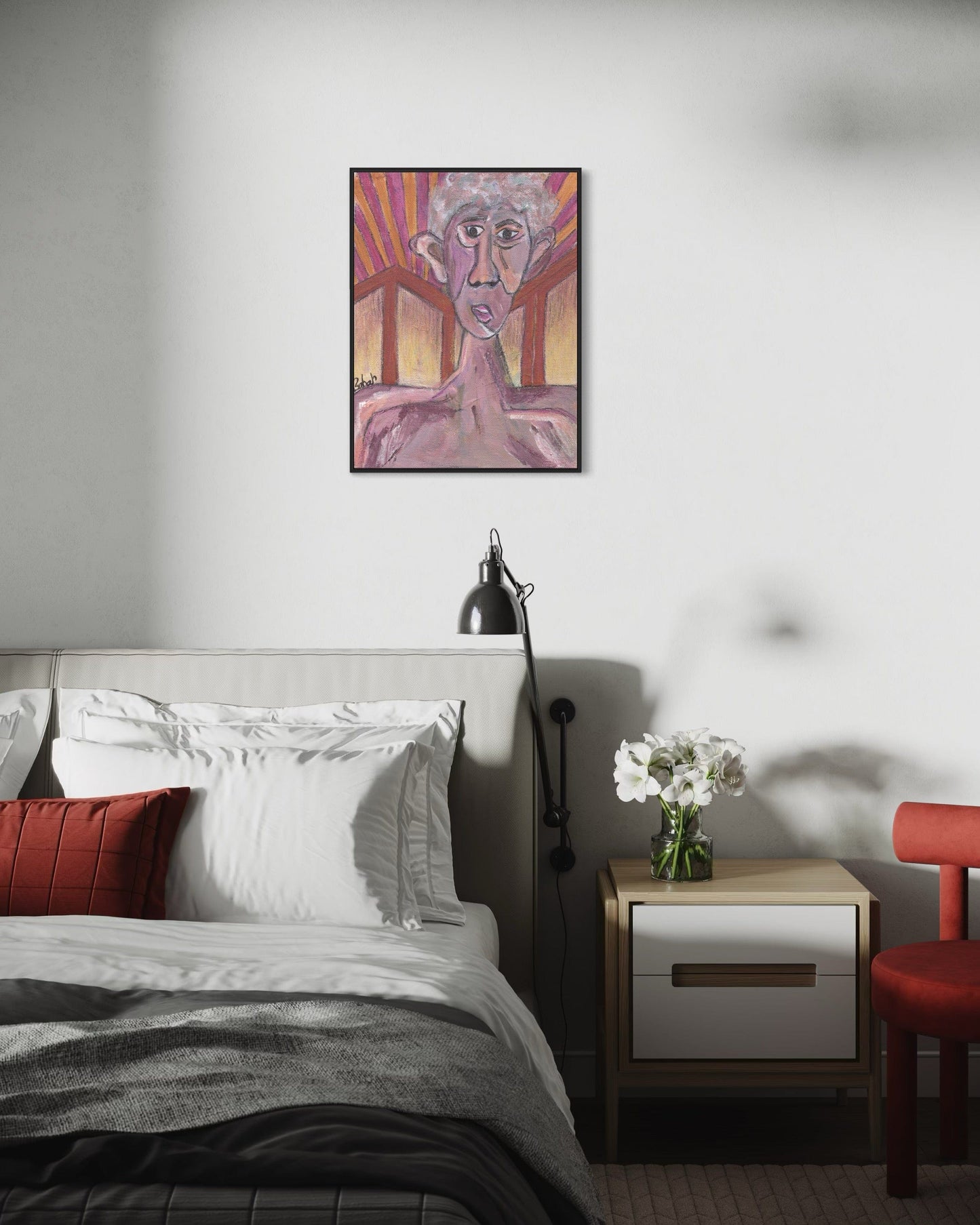Modern bedroom with abstract painting on the wall, bed with red headboard, and nightstand with lamp.