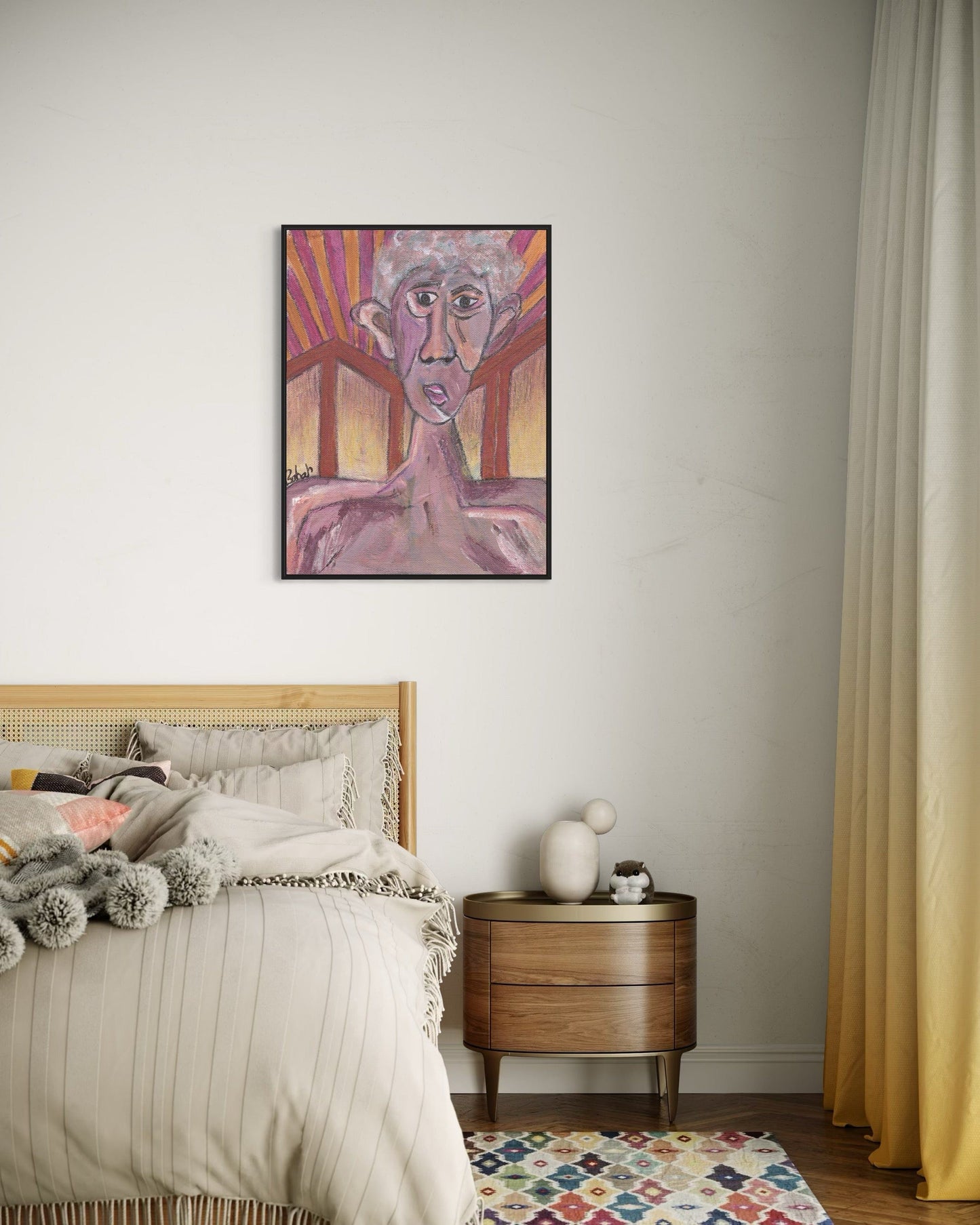 Bedroom with a colorful abstract painting on the wall