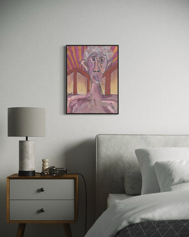 Framed artwork above a bed in a bedroom setting