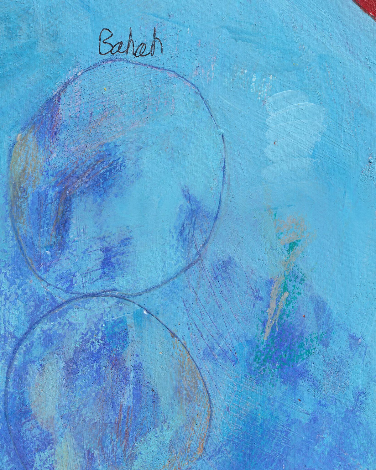 Abstract blue artwork with circular shapes on a textured blue background