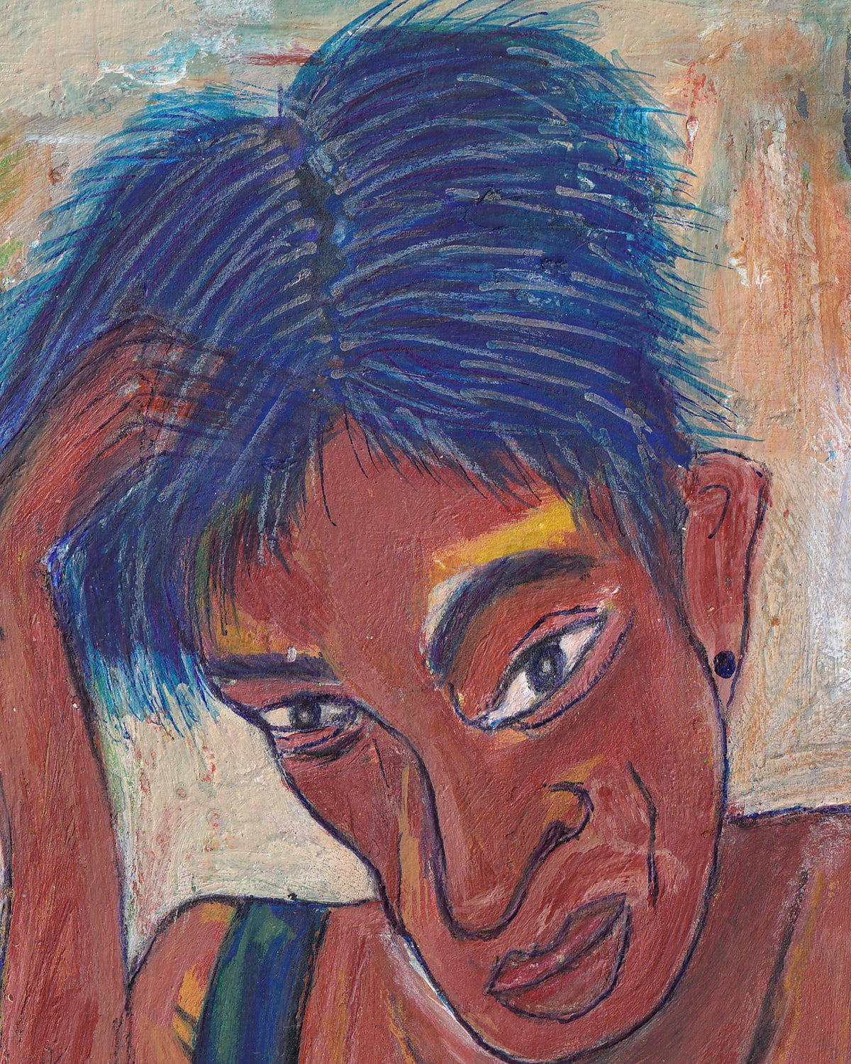 Artistic depiction of a person with blue hair and a neutral expression on a textured background