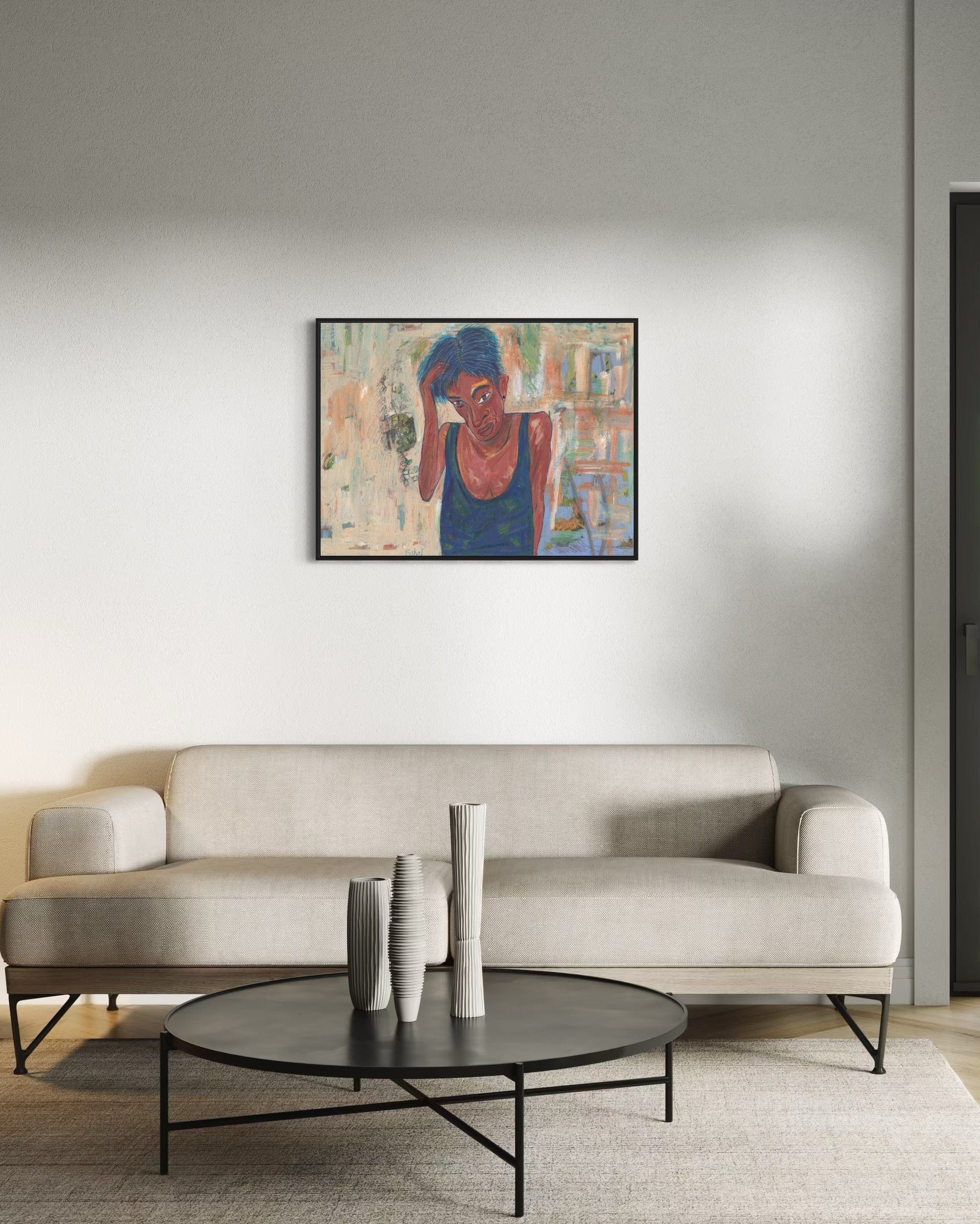 Modern living room with a beige sofa, round coffee table, and abstract painting on the wall.