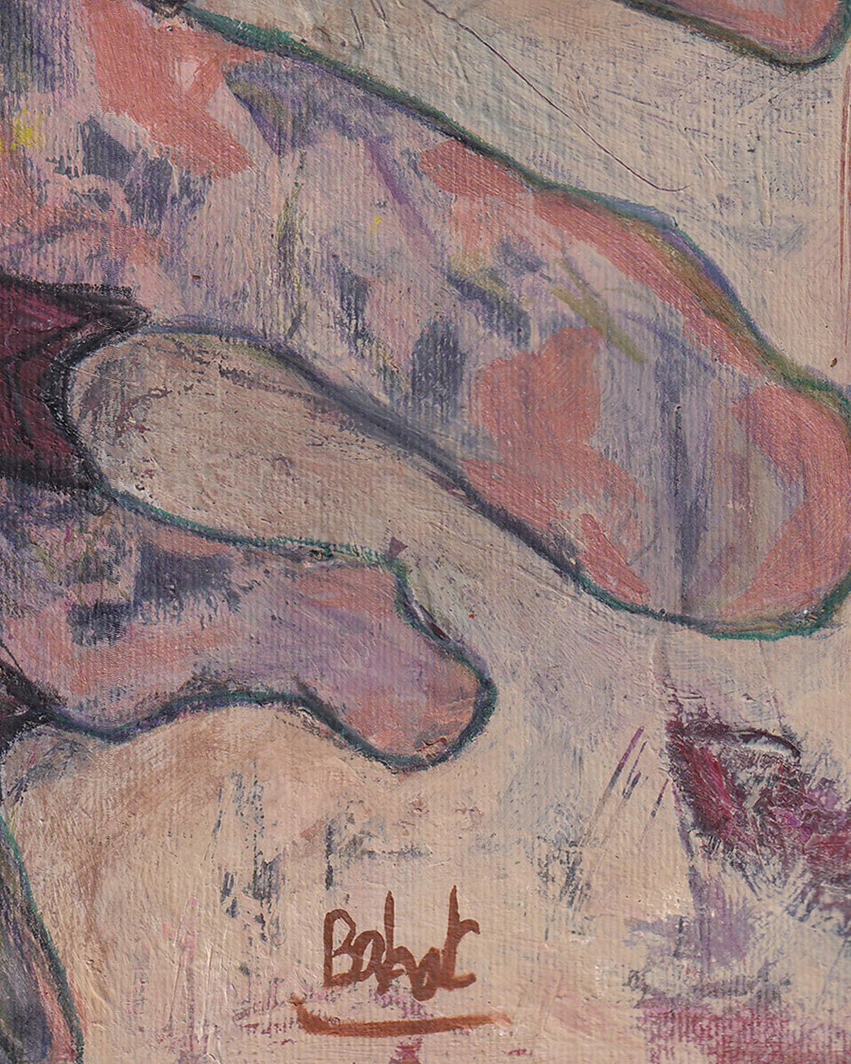 Abstract painting with soft pastel colors and a signature at the bottom right corner.