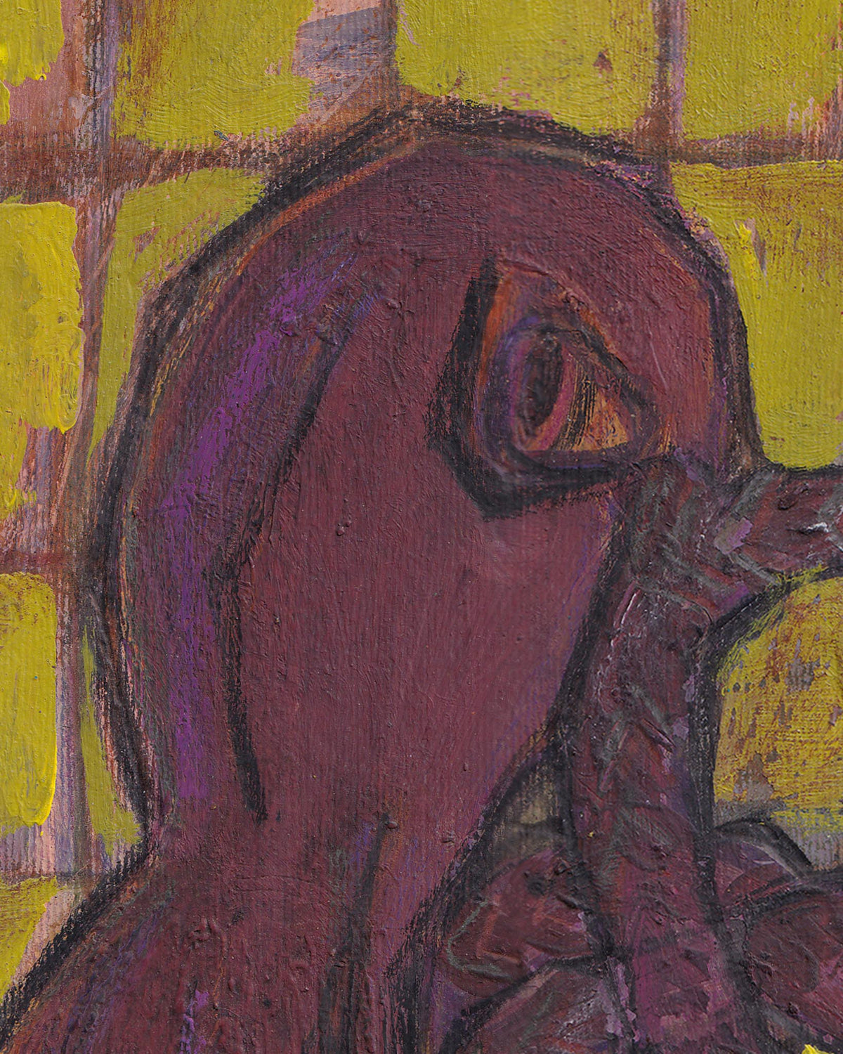 Abstract painting of a purple figure against a yellow background