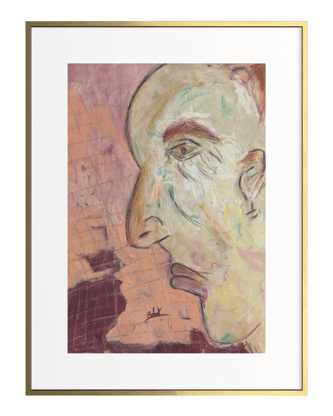 Framed artwork of a stylized face with abstract patterns on a background