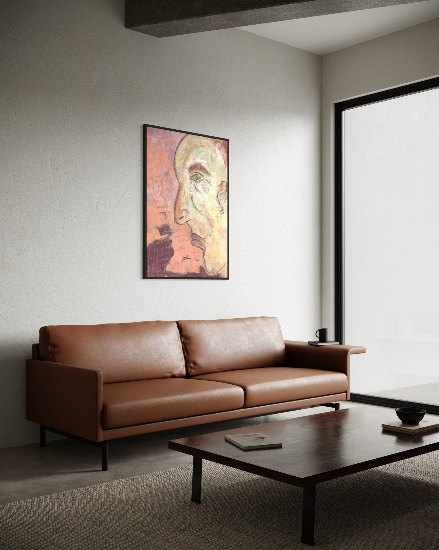 Modern living room with a brown leather sofa, coffee table, and abstract painting on the wall.