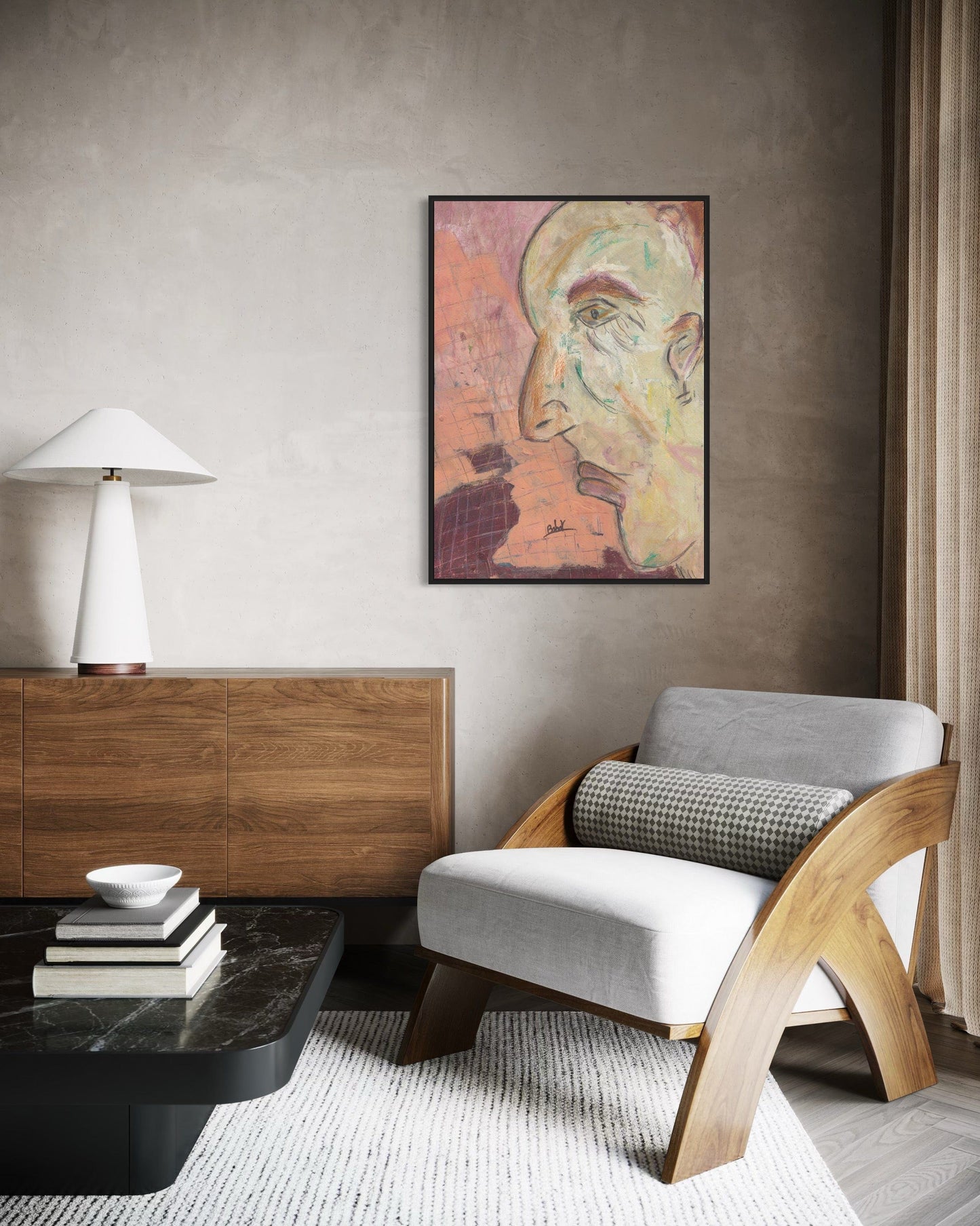 Modern living room with a wooden sideboard, gray armchair, and abstract painting on the wall.