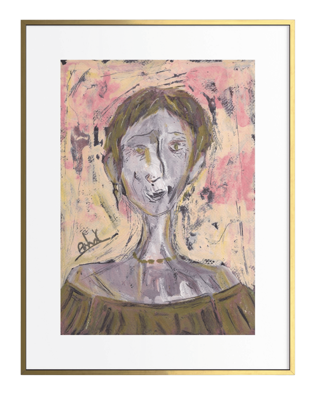 Framed abstract artwork with a portrait-like figure on a colorful background