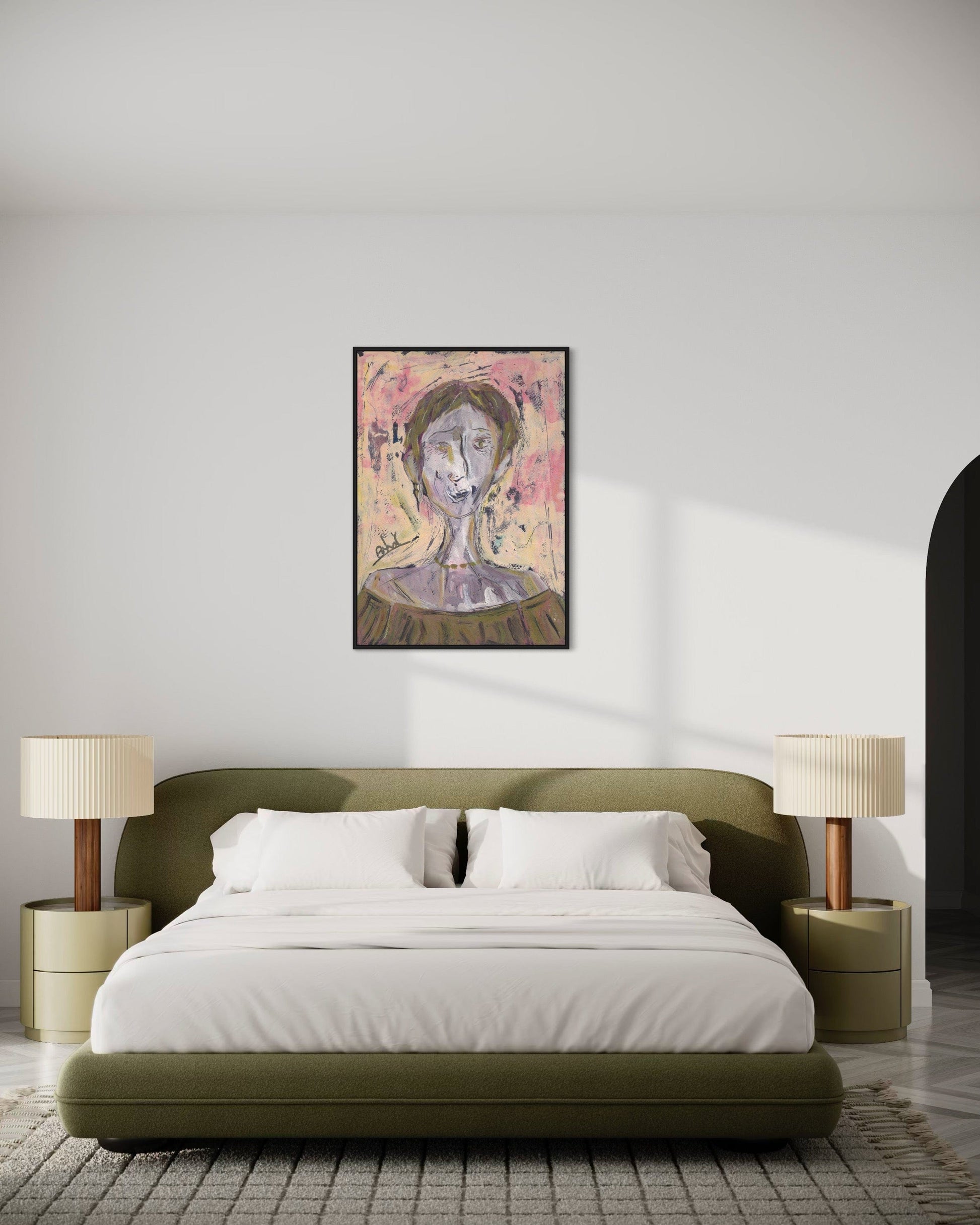 Modern bedroom with olive green bed, white bedding, and a framed artwork on the wall.