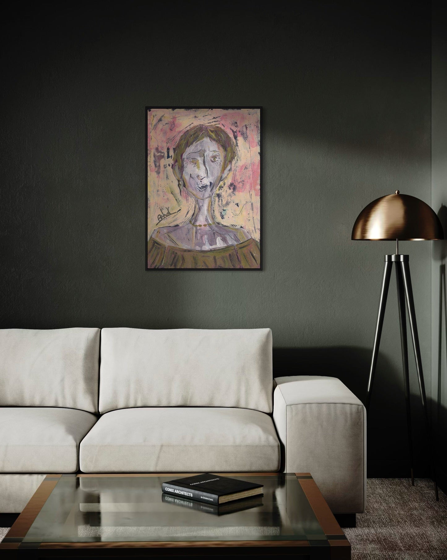 Modern living room with a beige sofa, glass coffee table, and abstract painting on a dark wall.