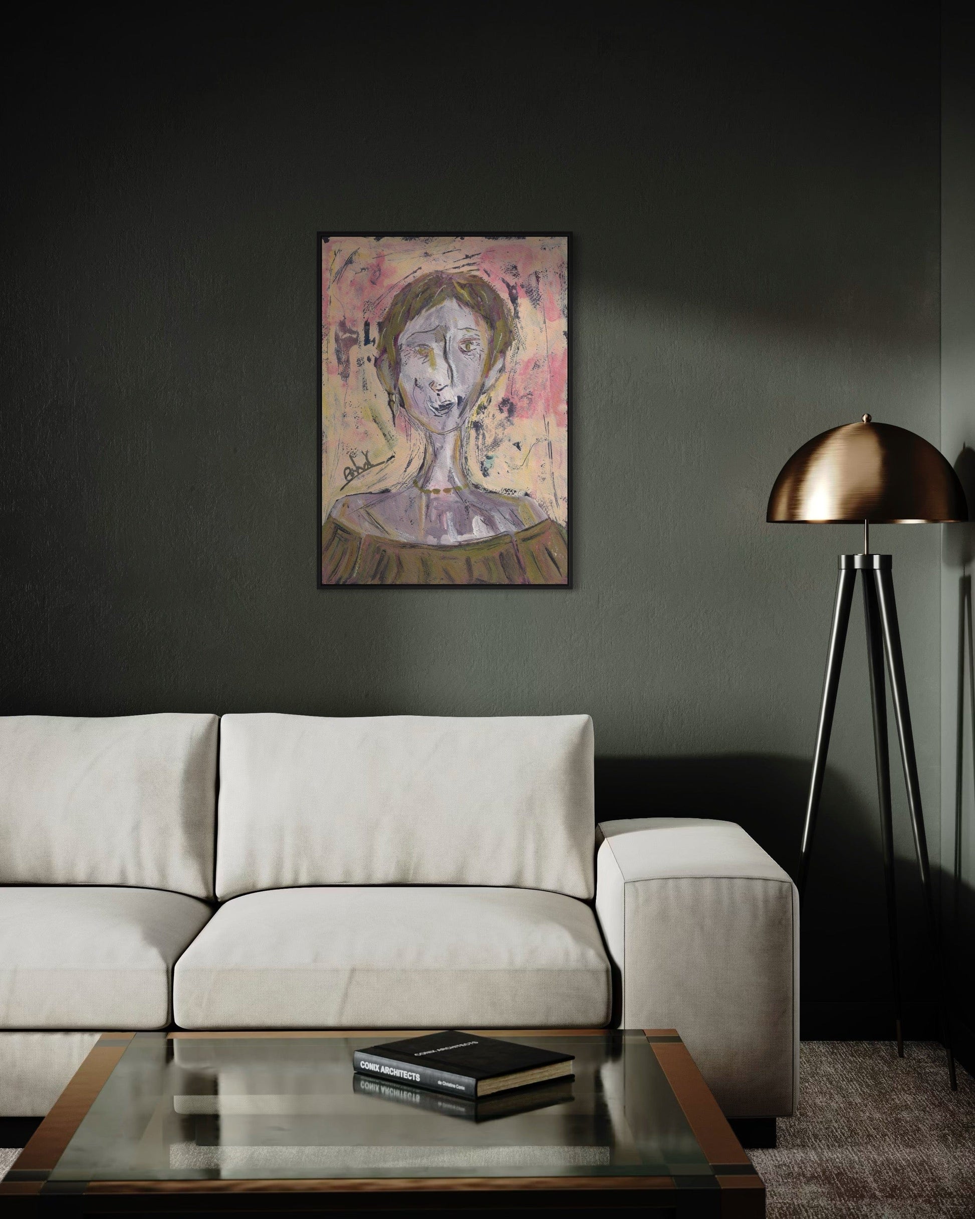 Modern living room with a beige sofa, glass coffee table, and abstract painting on a dark wall.