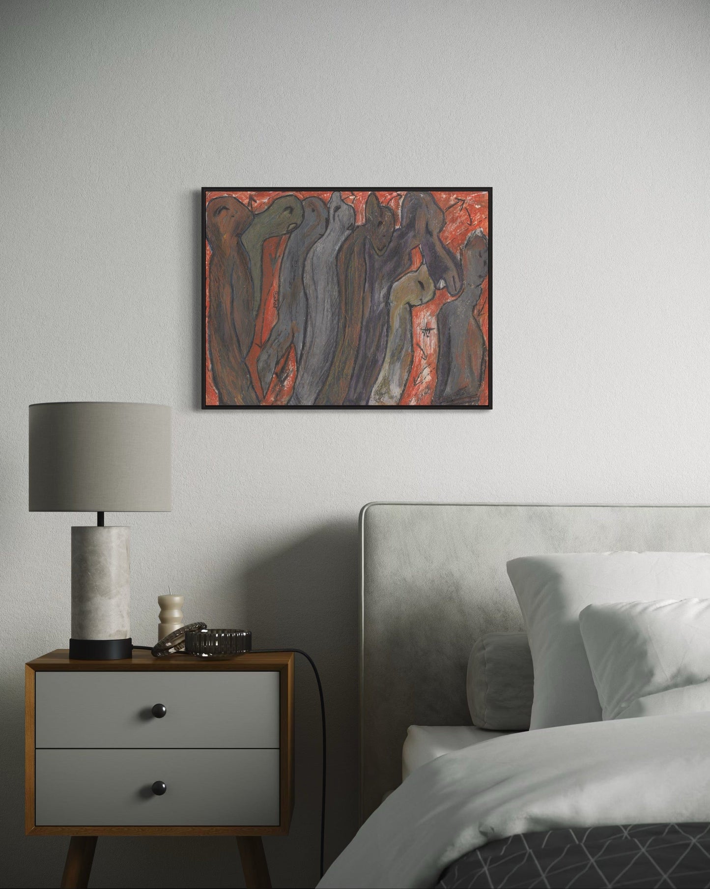 Bedroom with a nightstand, lamp, and abstract painting on the wall.