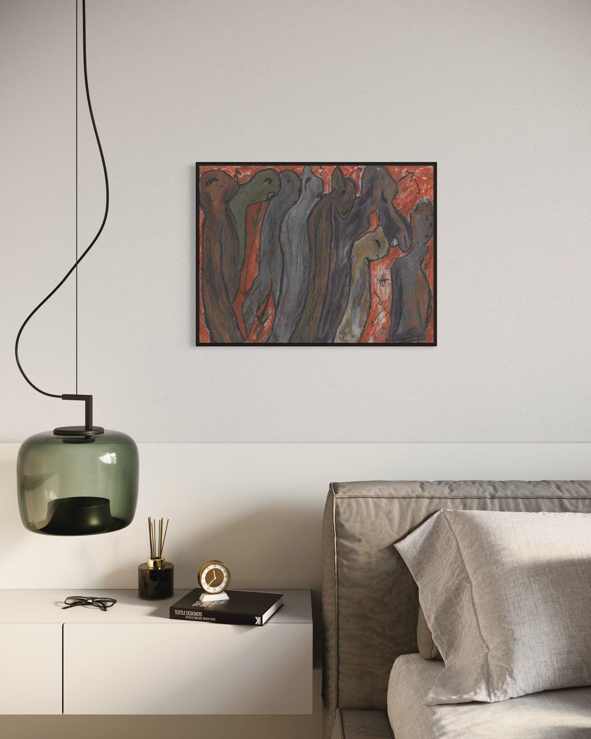 Modern living room with abstract painting, pendant light, and sofa.