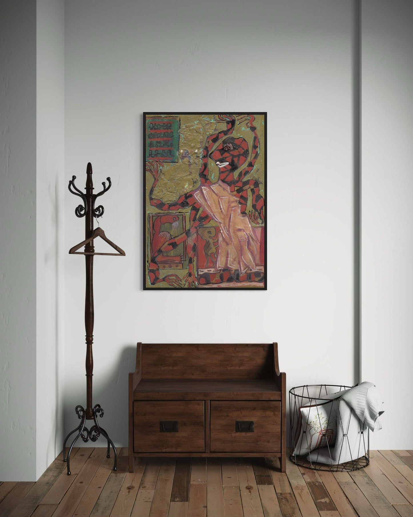 Wooden bench, coat rack, and artwork on a white wall in a room with wooden flooring.
