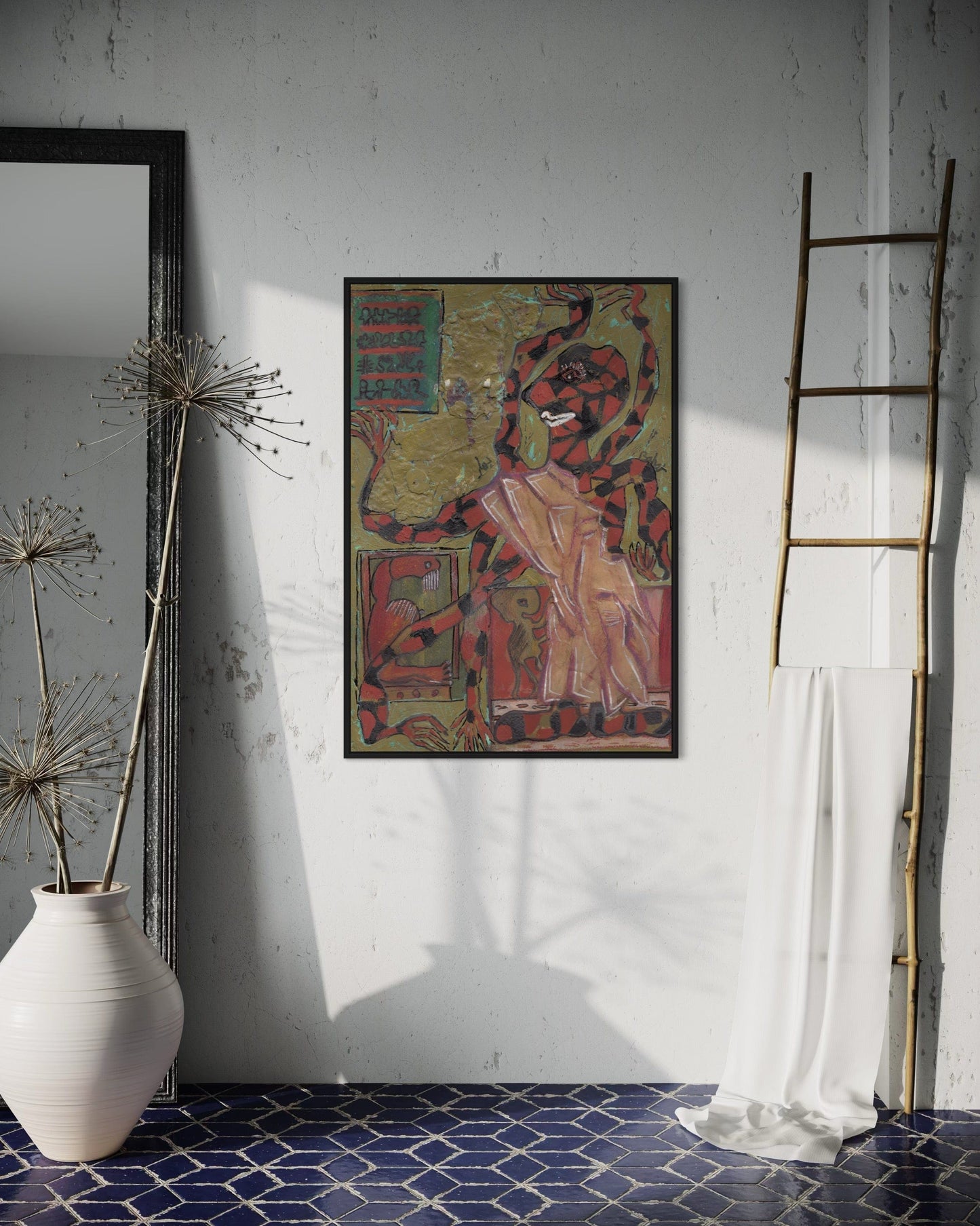 Framed artwork on a white wall with decorative elements like a ladder and vase.