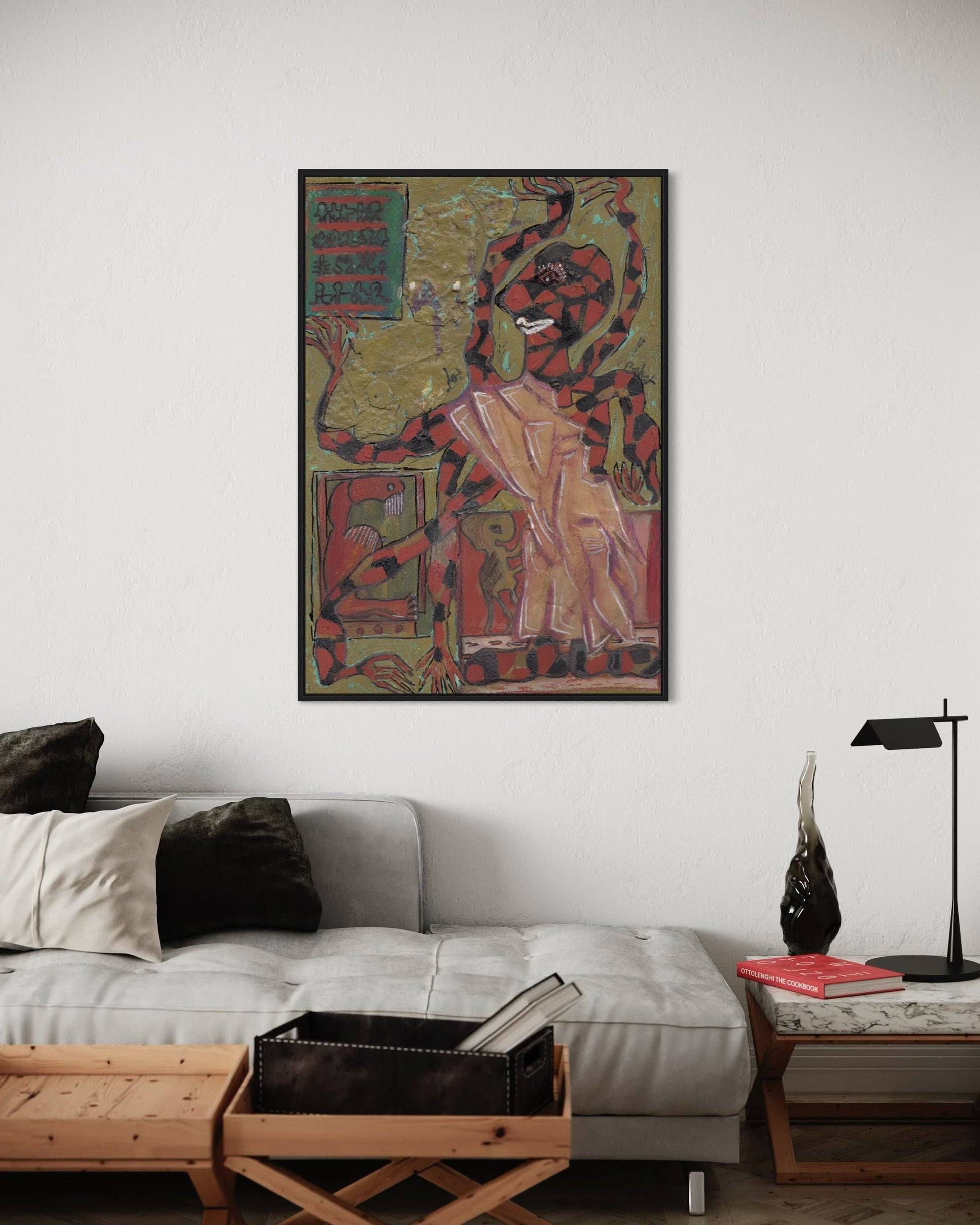 Living room with a colorful tiger painting on the wall above a sofa.