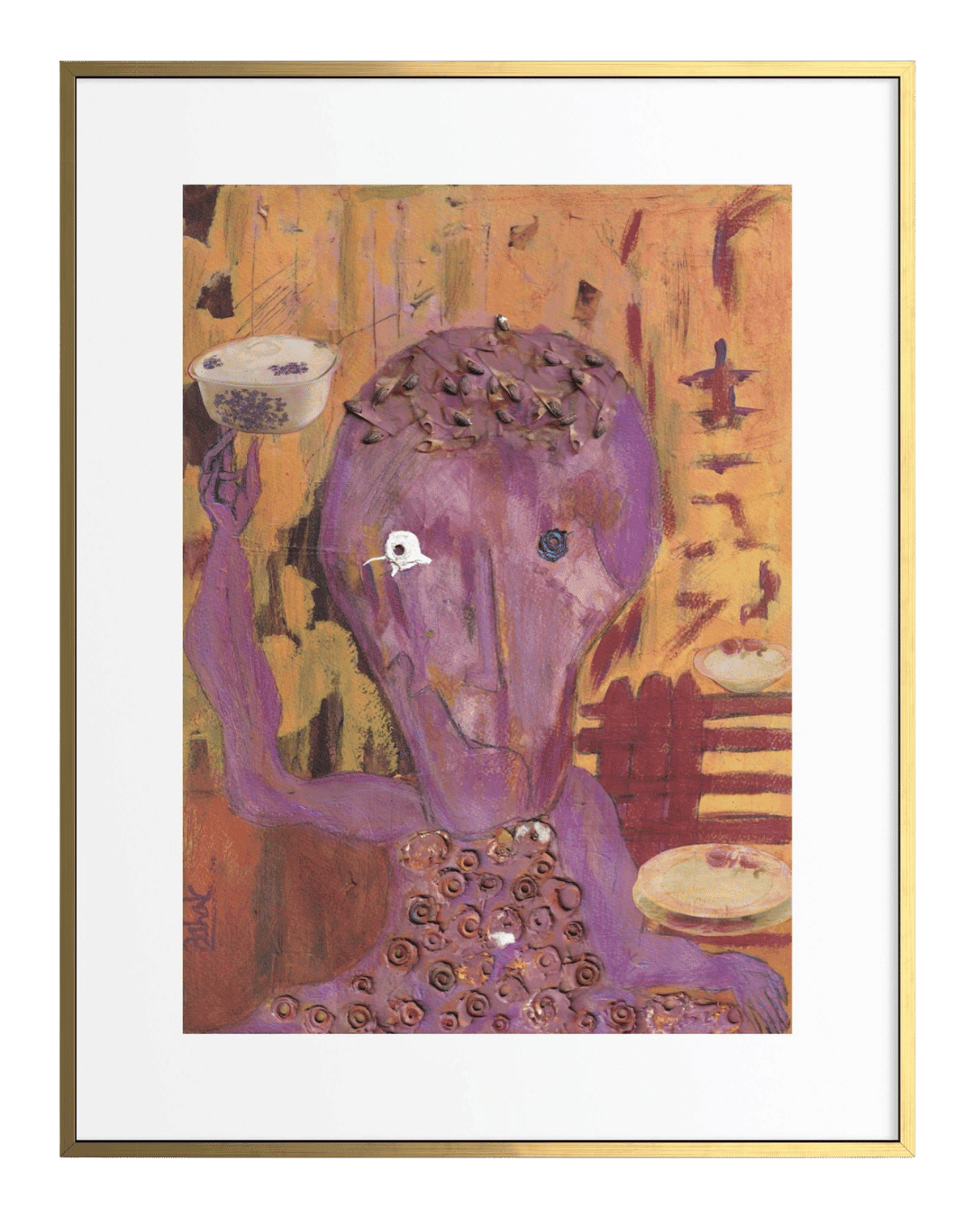Framed artwork of a stylized figure with a purple head and abstract background