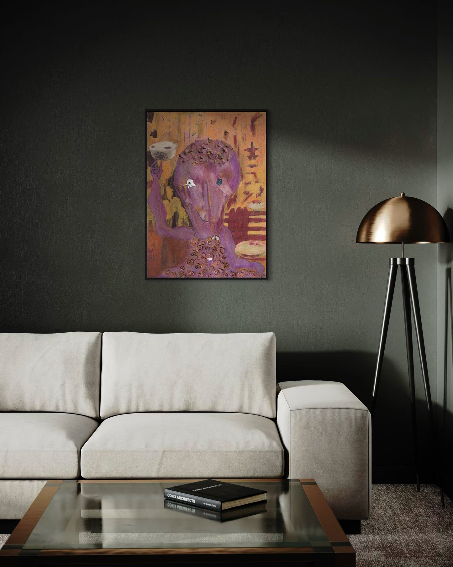 Modern living room with a beige sofa, glass coffee table, and abstract painting on the wall.