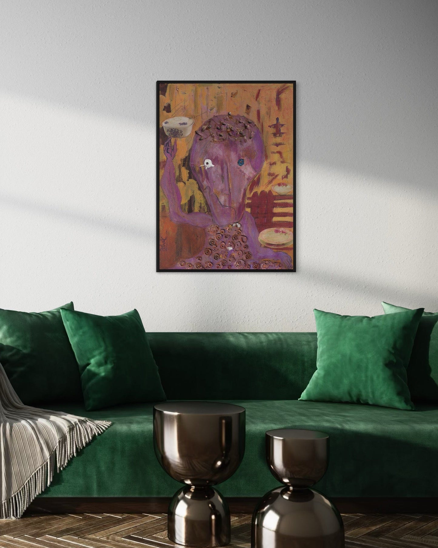 Green sofa with decorative pillows and a colorful abstract painting on the wall.