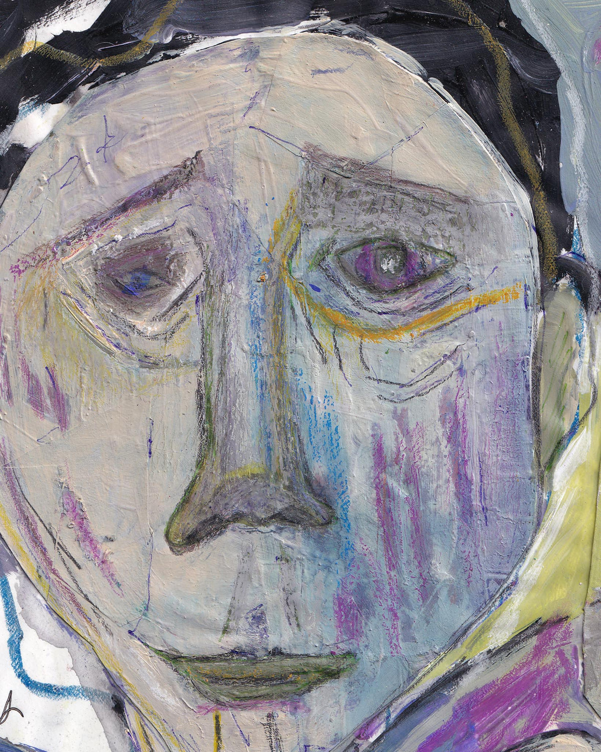 Abstract art piece with a face-like shape in various colors