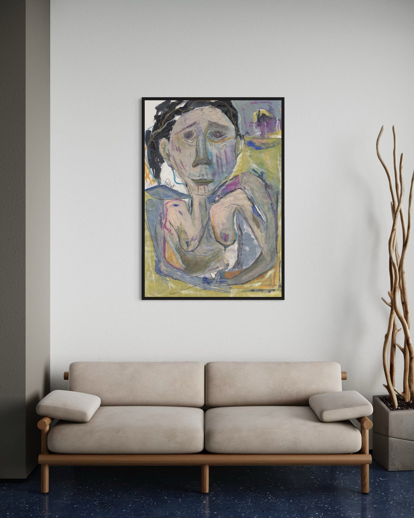 Beige sofa in a room with a painting of a woman on the wall.