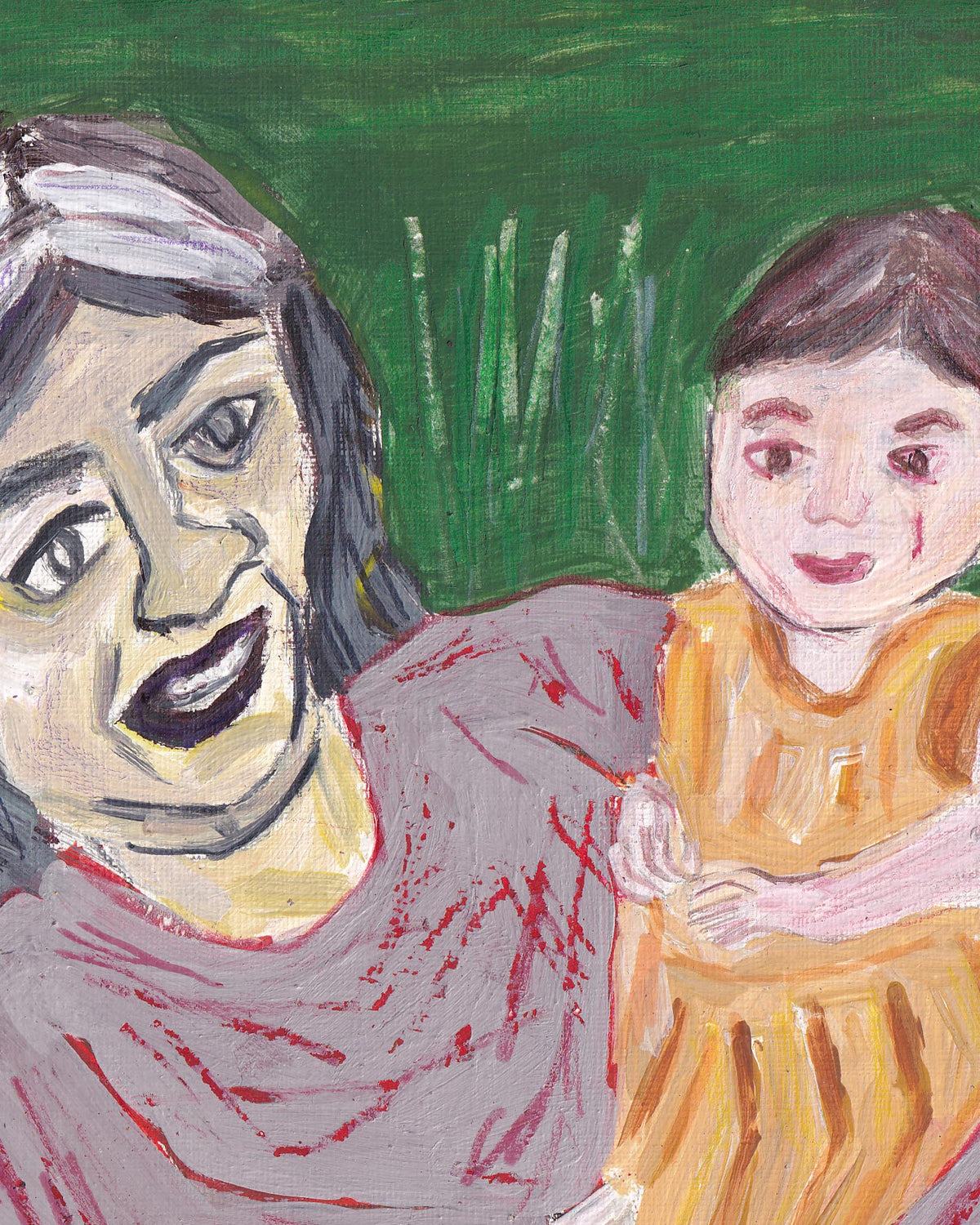 Painted illustration of a woman and a child against a green background