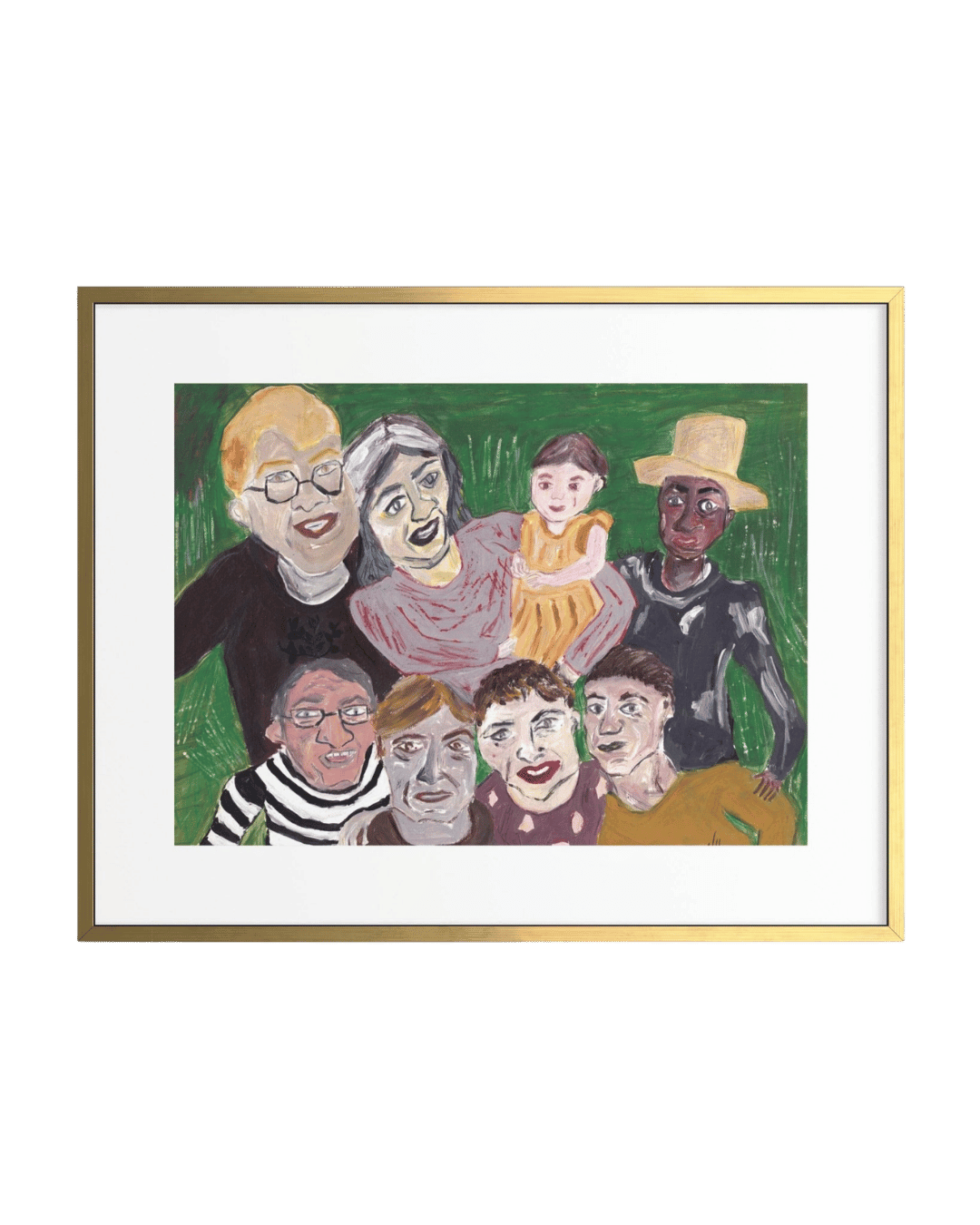 Framed artwork of a diverse group of people on a green background