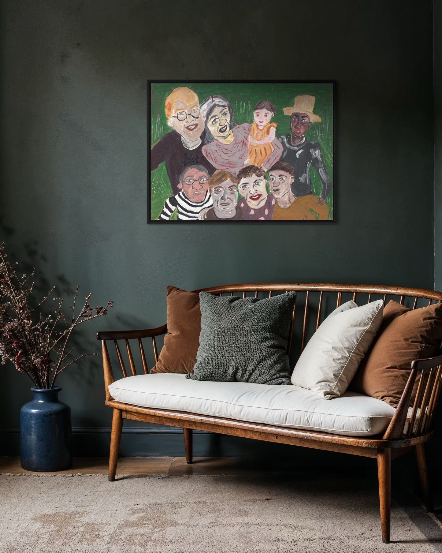 Wooden bench with cushions against a dark wall with a framed artwork above.