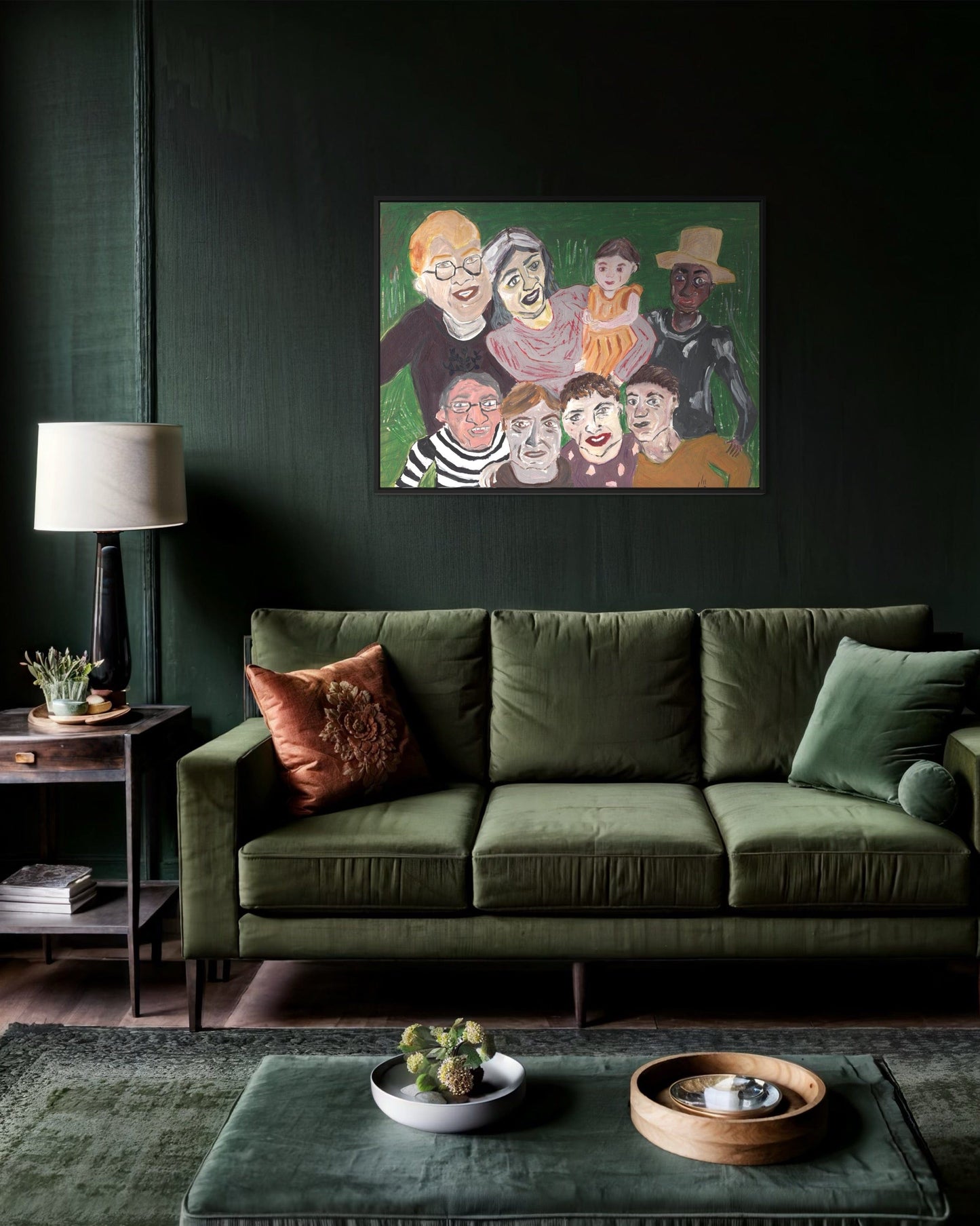 Green sofa in a room with a dark wall, lamp, and decorative items.