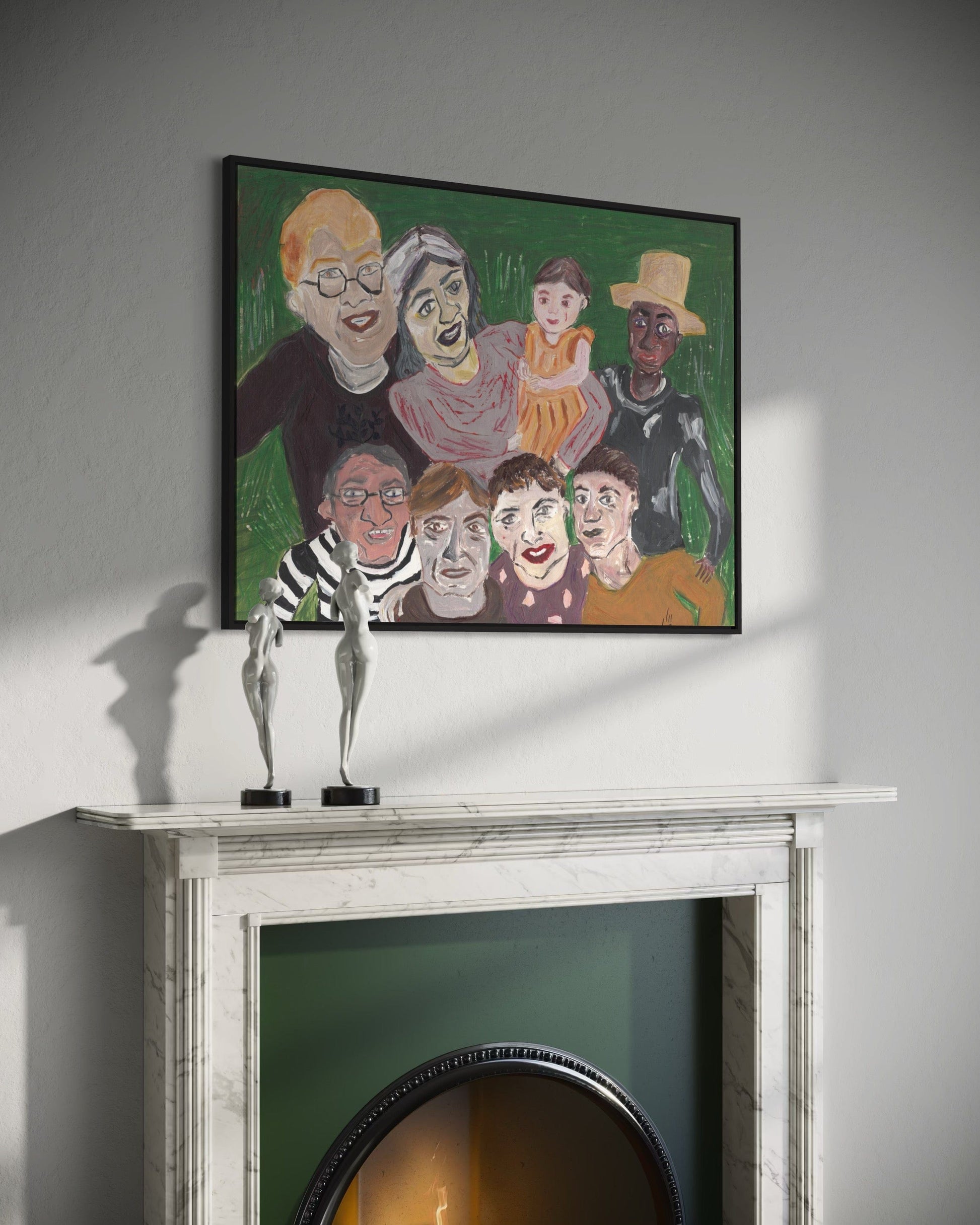 Framed artwork of a family portrait on a wall above a fireplace.