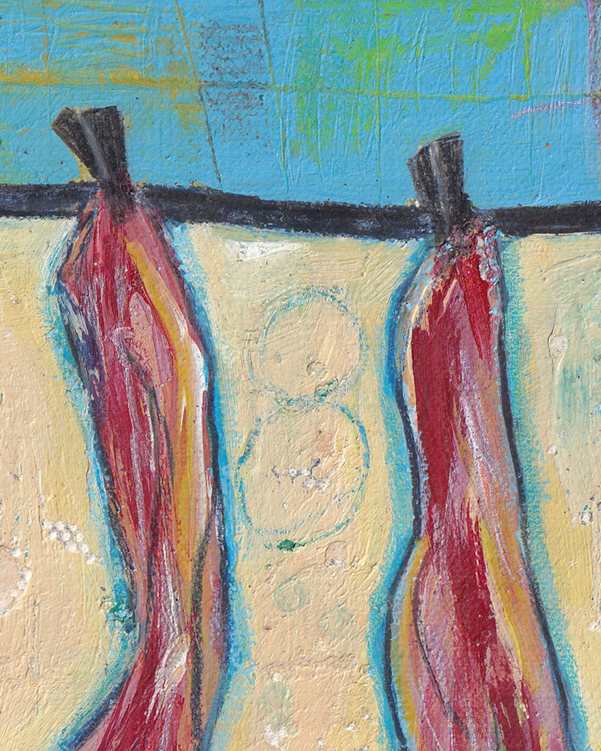 Abstract painting of two hanging fabrics with a textured background
