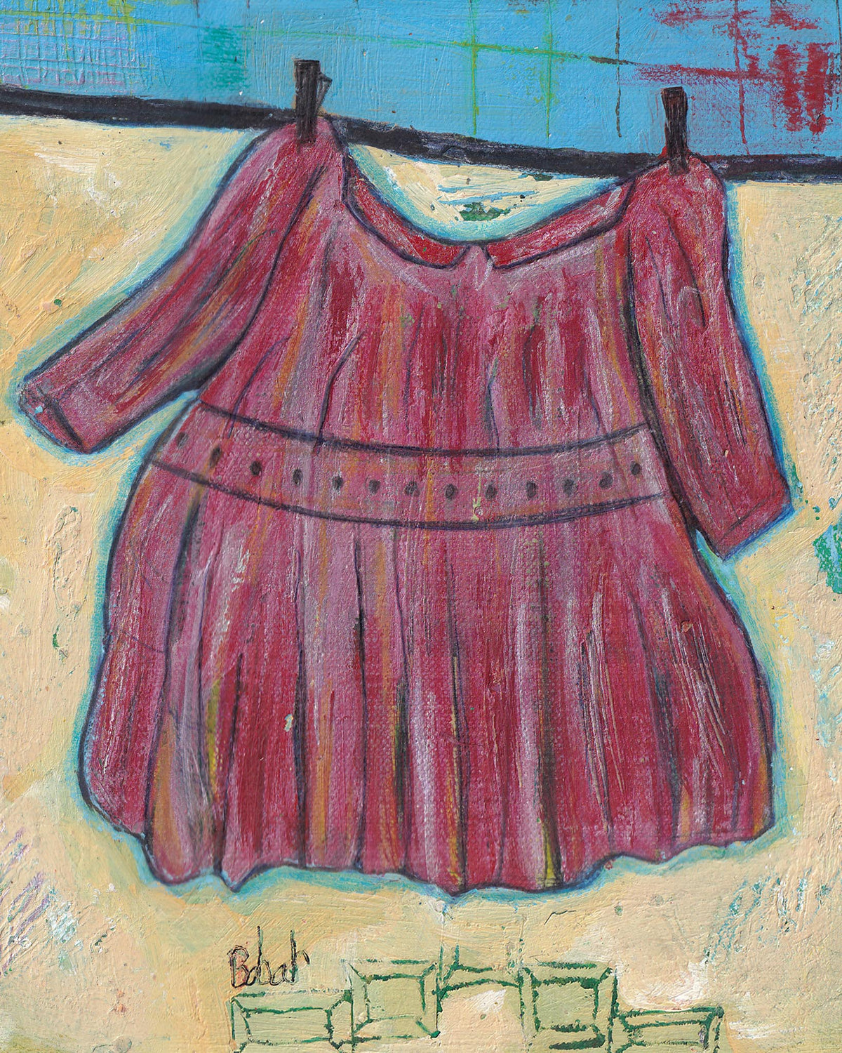 Painting of a red dress hanging on a line with a colorful background