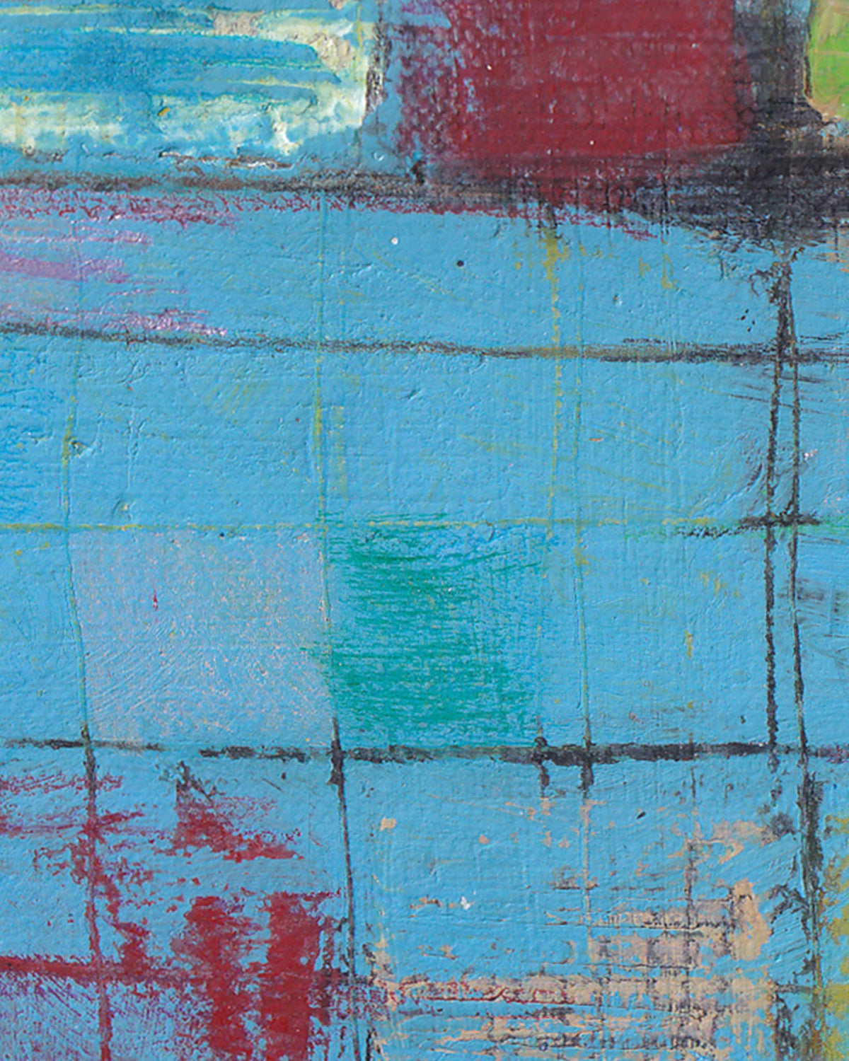 Abstract art with blue, red, and green colors on a textured surface