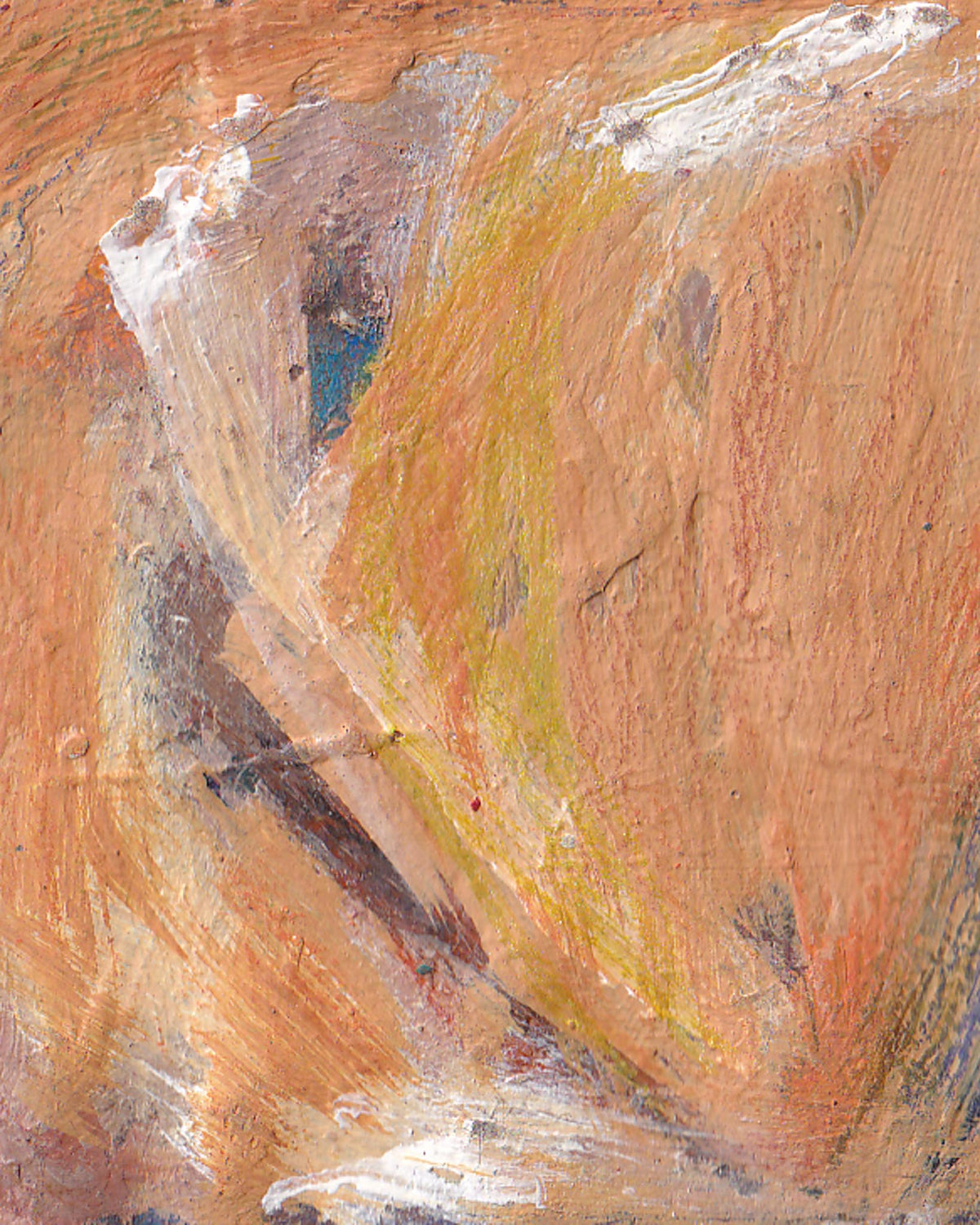 Abstract painting with brown, yellow, and white colors on a textured surface