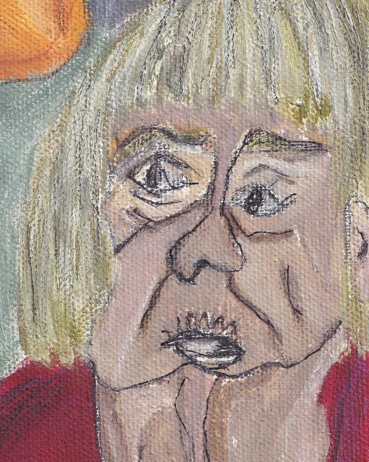 Artistic depiction of a face with a red garment and yellow hair.