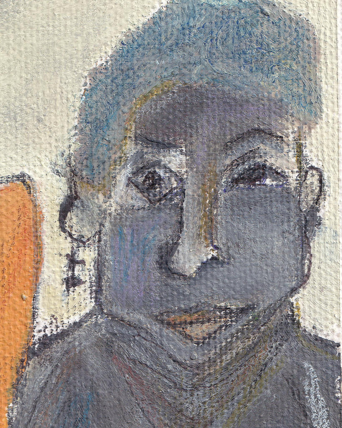 Abstract artwork of a face with textured brushstrokes on a light background