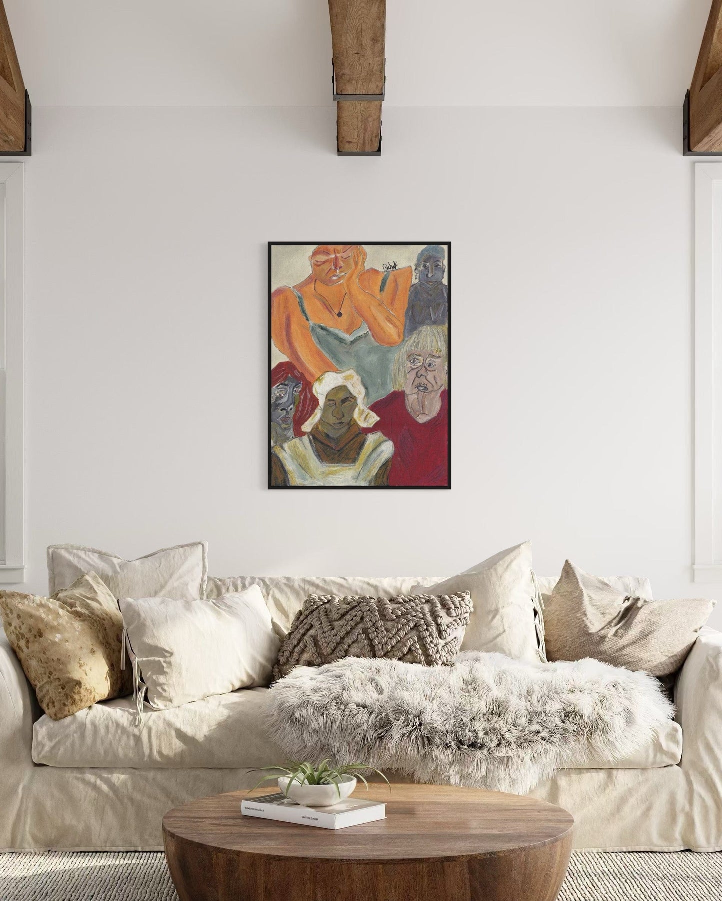 Living room with a beige sofa, wooden coffee table, and abstract painting on the wall.