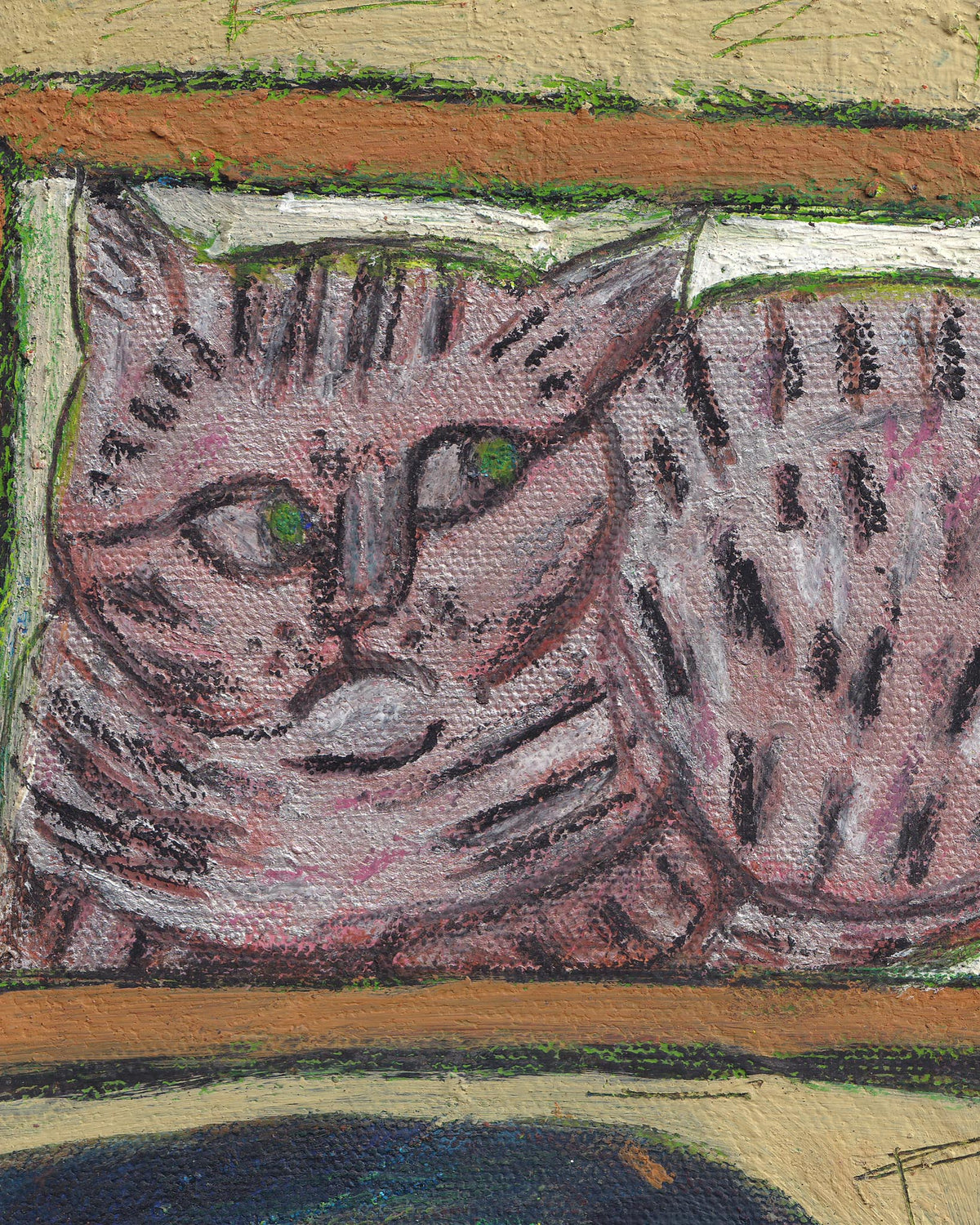 Artistic depiction of a cat with green eyes on a textured background