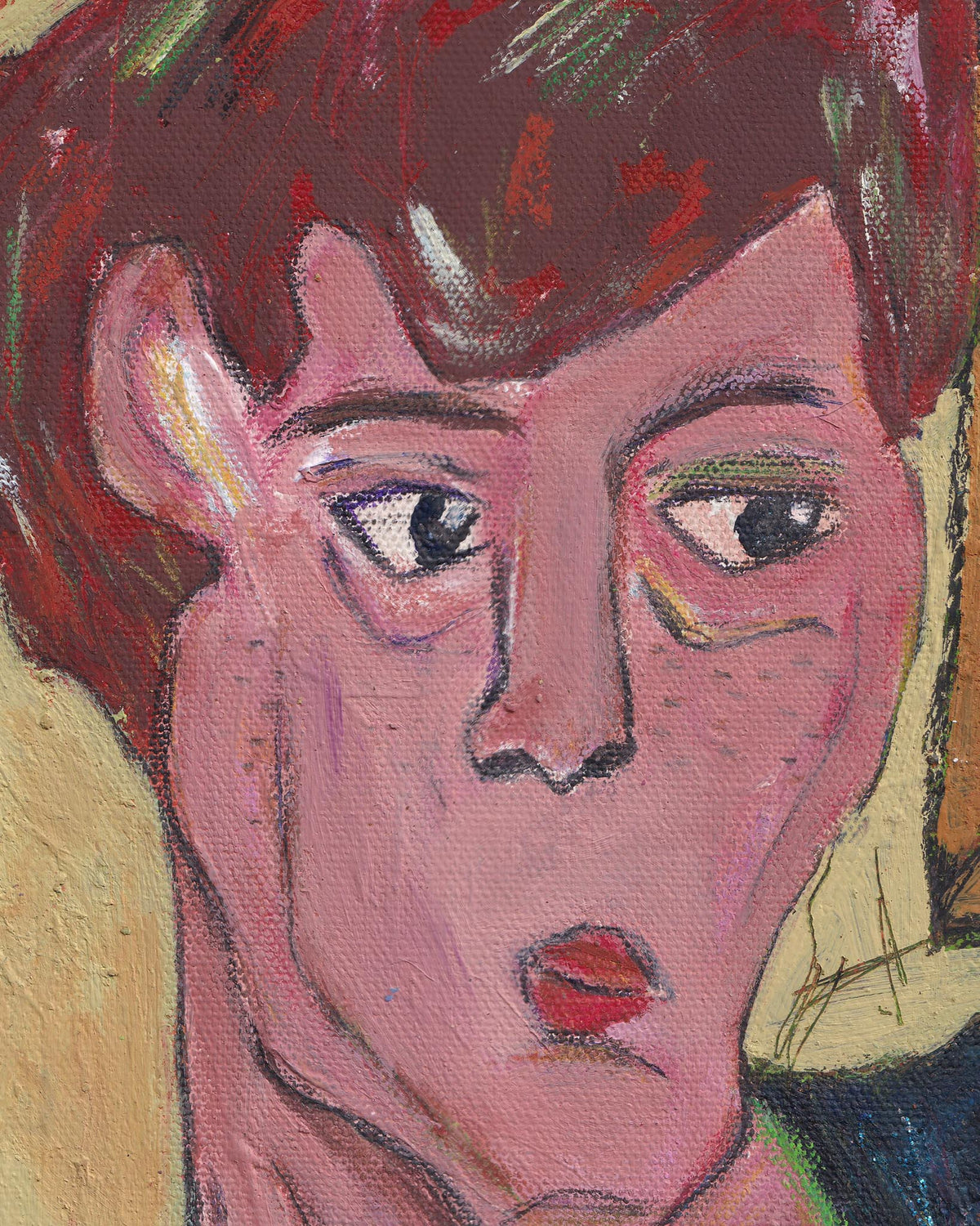 Artistic depiction of a face with stylized features on a textured background