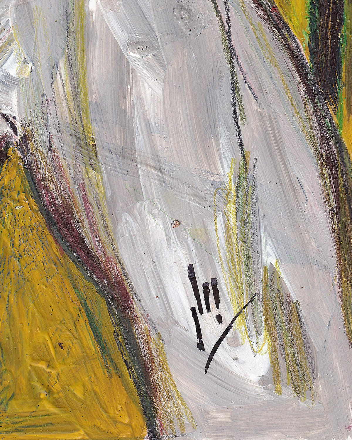 Abstract painting with yellow, gray, and black strokes