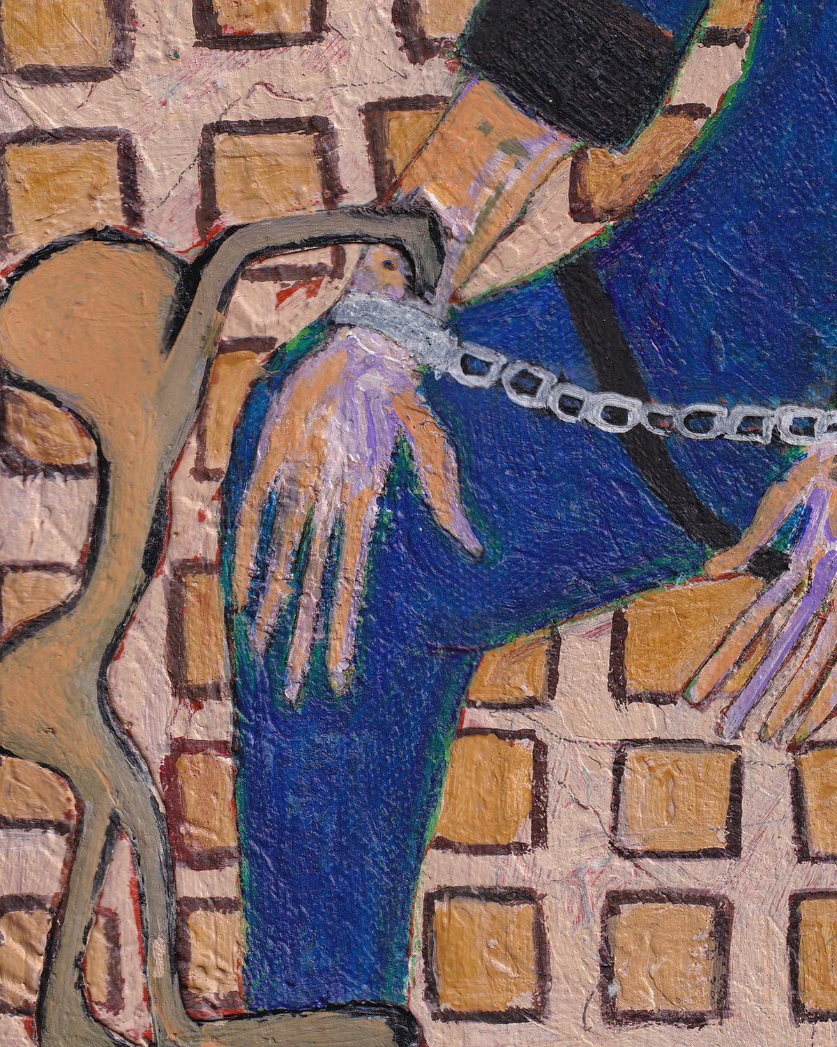 Abstract artwork with a hand holding a chain against a textured background