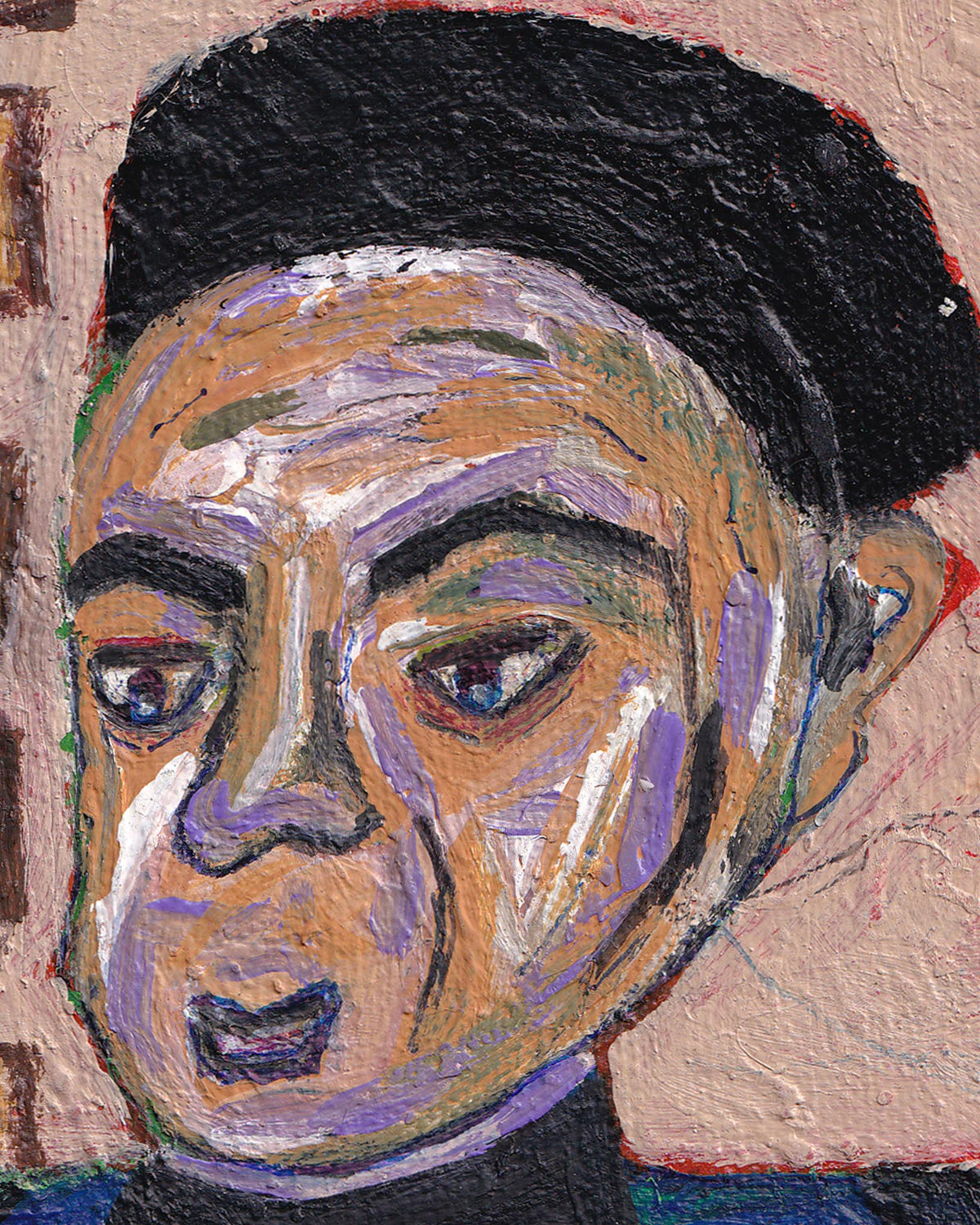 Artistic depiction of a face with stylized features on a textured background