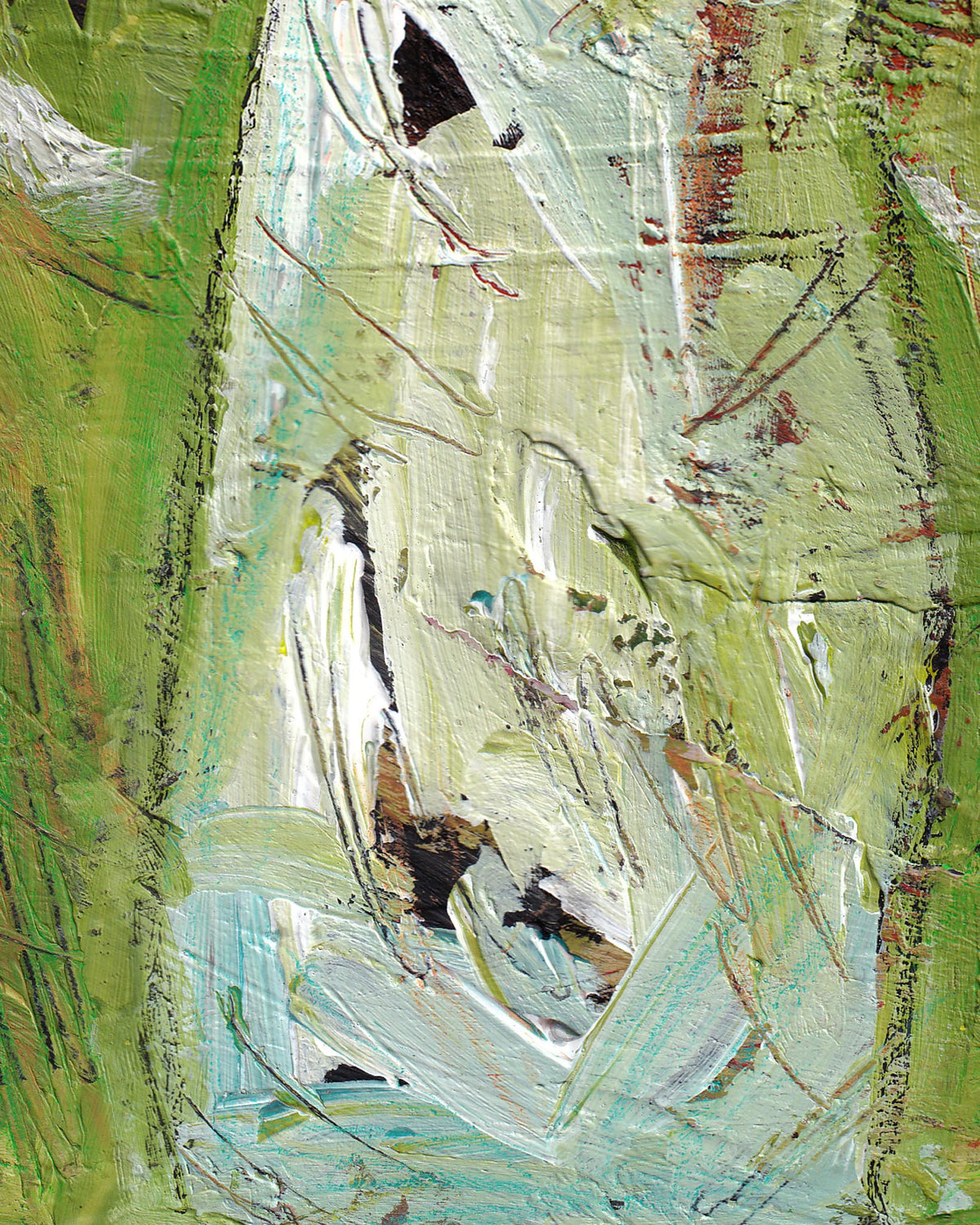 Abstract painting with green, white, and brown colors