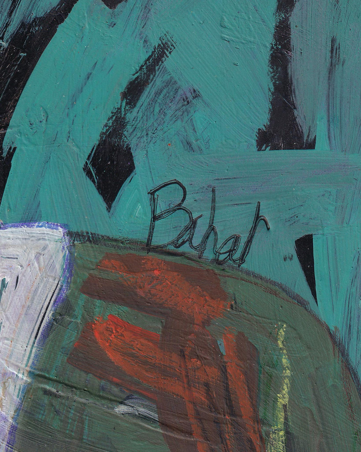 Abstract painting with text 'Bahar' on a teal background