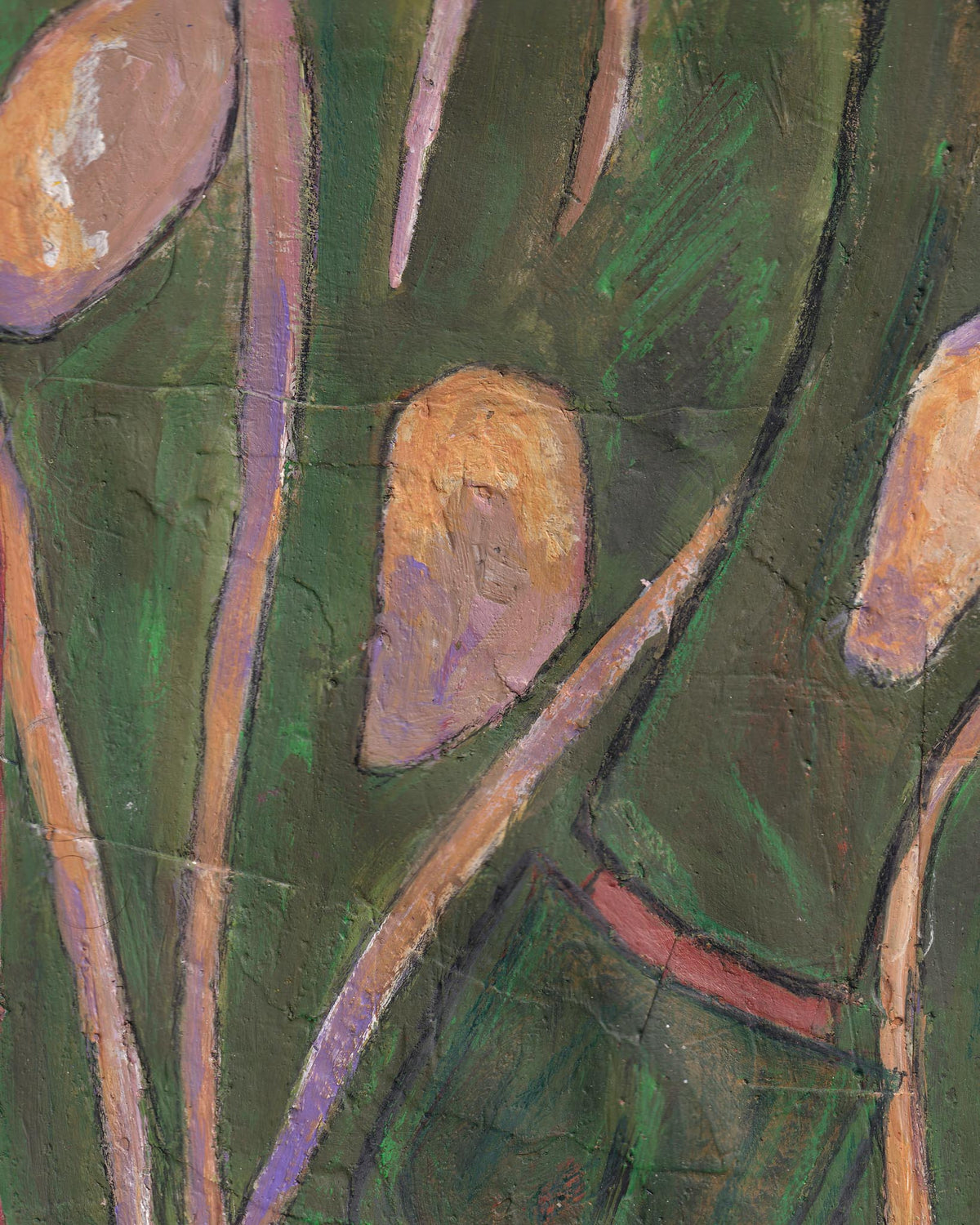 Abstract artwork with brown, green, and purple colors
