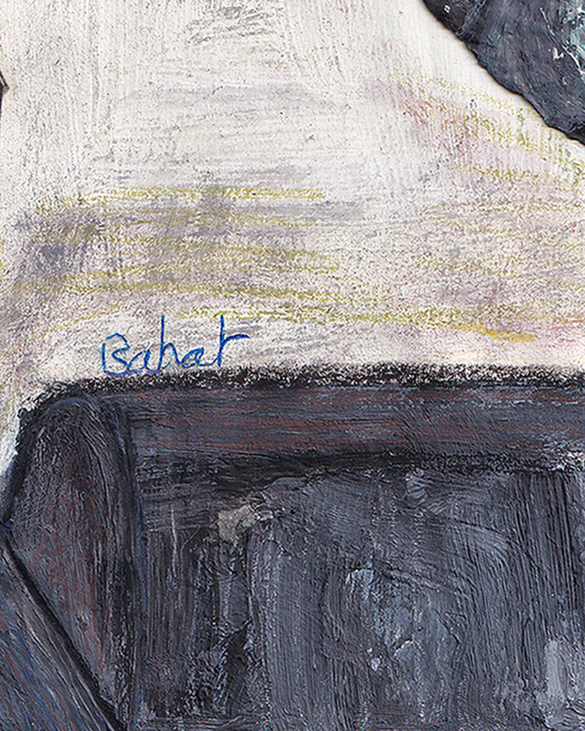 Close-up of an abstract painting with visible brushstrokes and a signature.