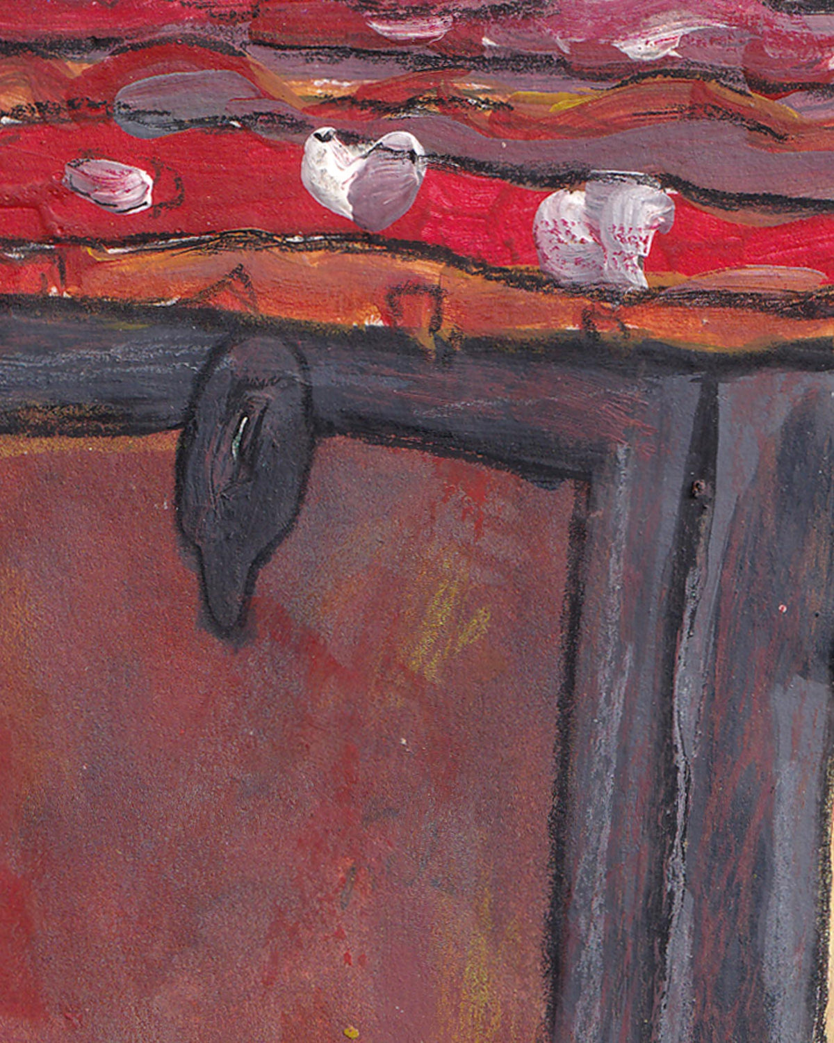 Abstract painting with red, brown, and black colors